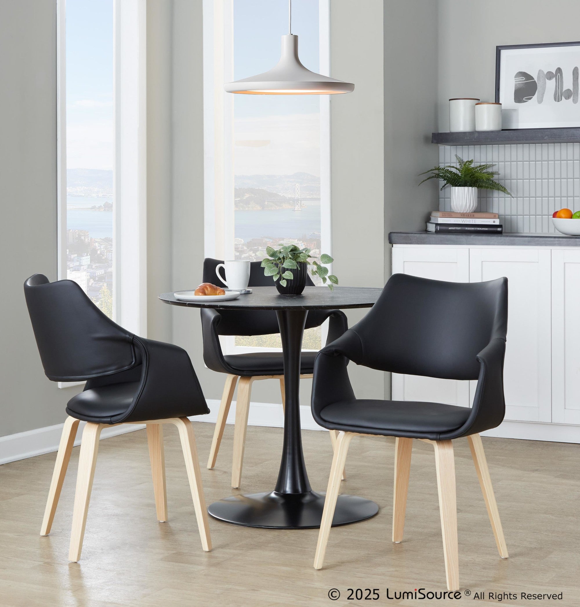 Curvo High Back Upholstered Chair - Set of 2 - Natural Wood, Black PU