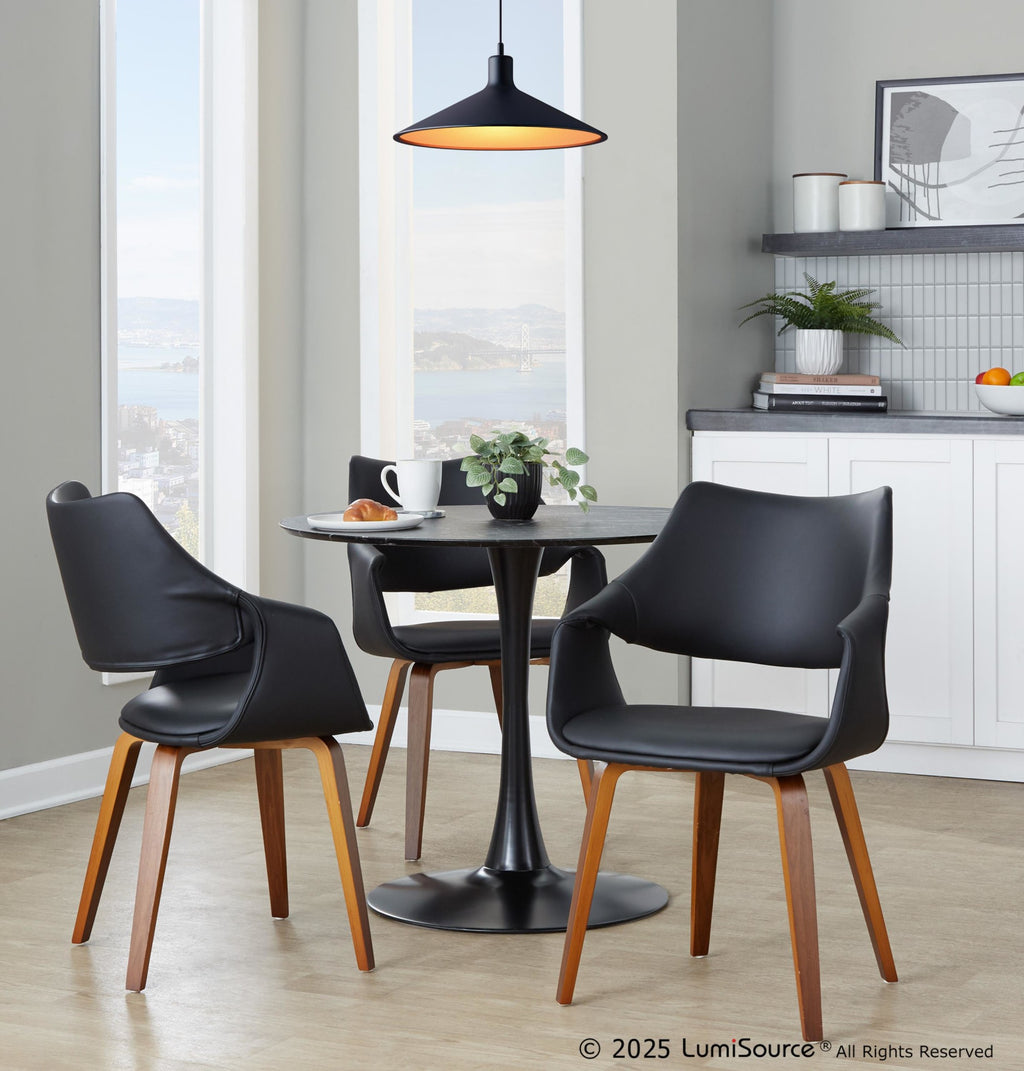 Curvo High Back Upholstered Chair - Set of 2 - Walnut Wood, Black PU