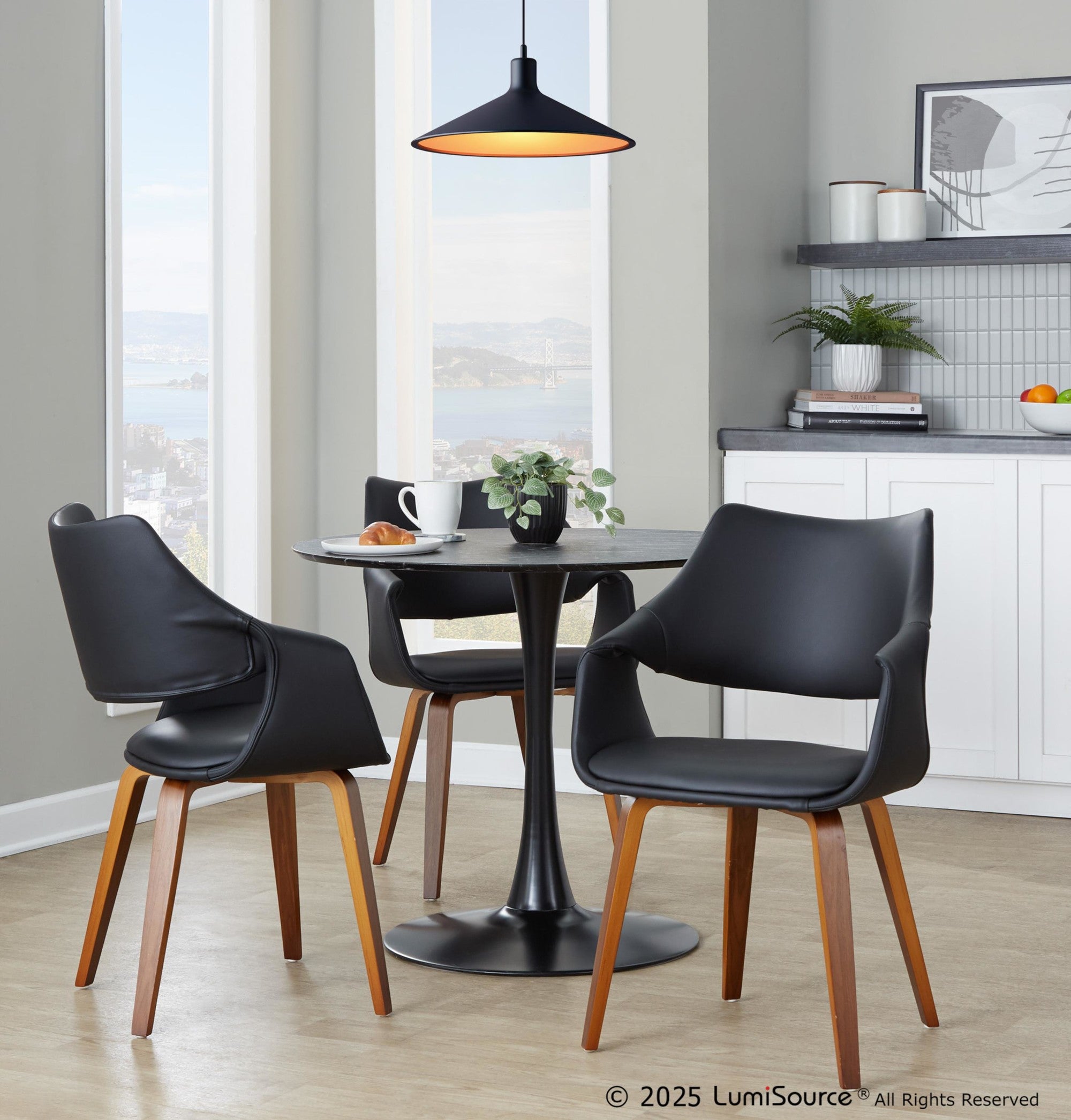 Curvo High Back Upholstered Chair - Set of 2 - Walnut Wood, Black PU