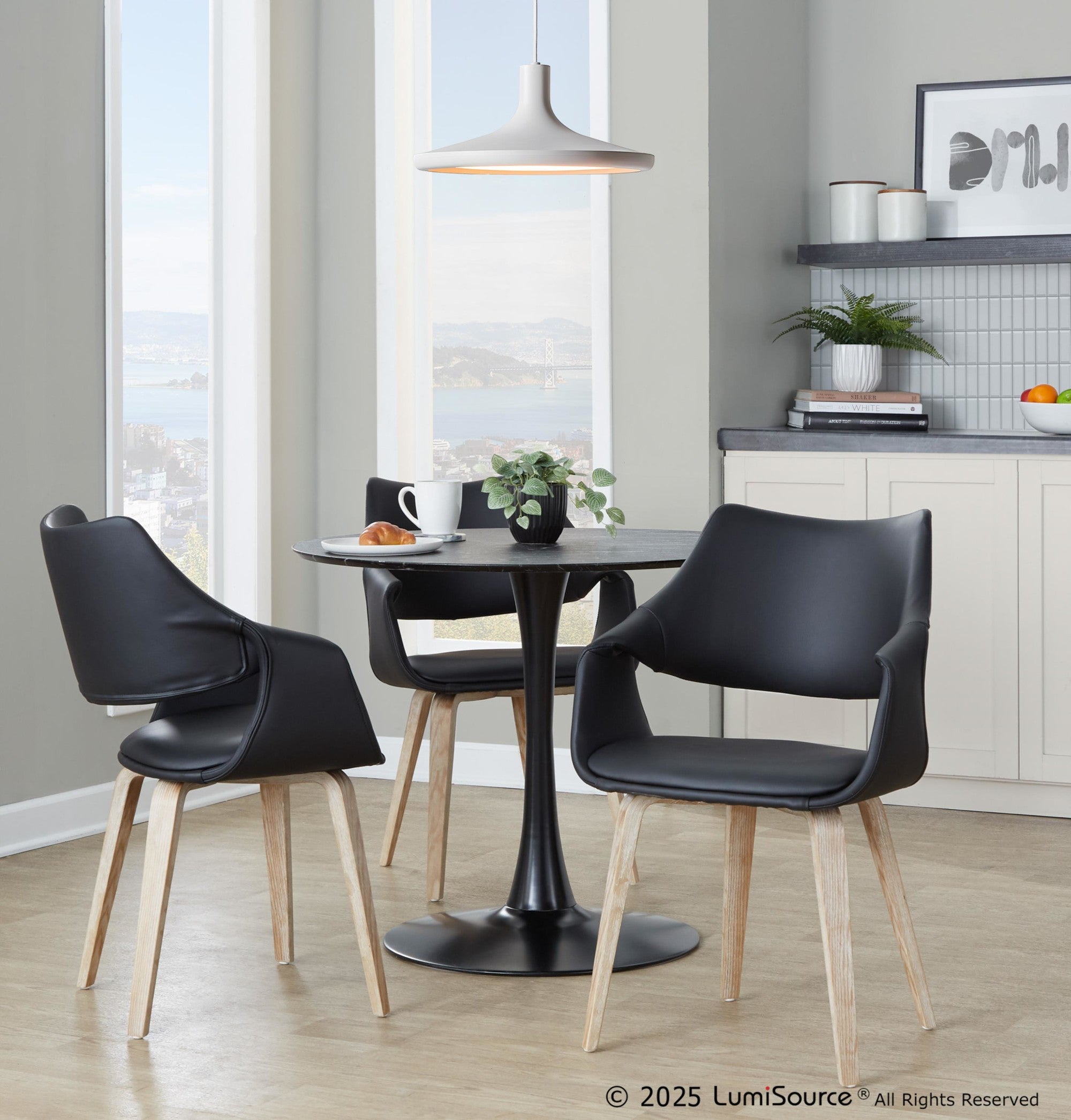 Curvo High Back Upholstered Chair - Set of 2 - Whitewashed Wood, Black PU