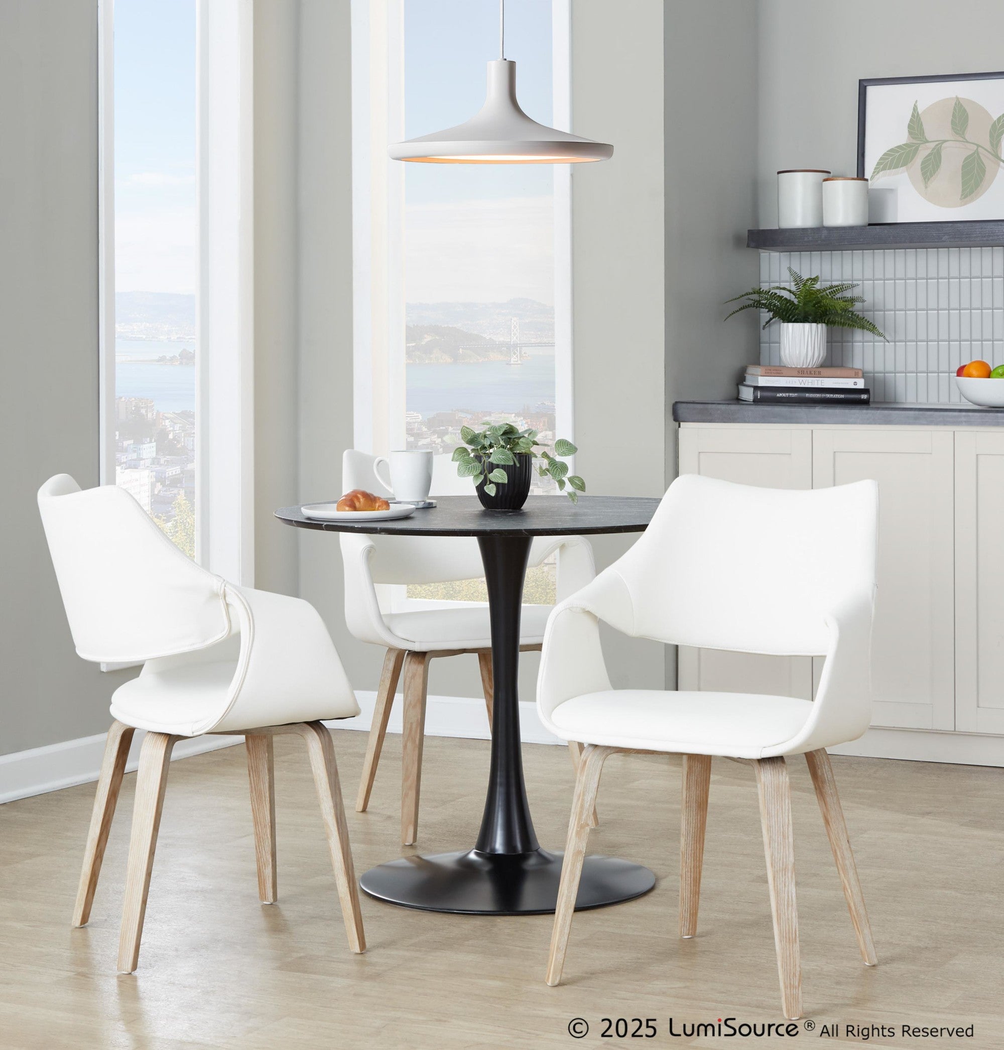 Curvo High Back Upholstered Chair - Set of 2 - Whitewashed Wood, White PU