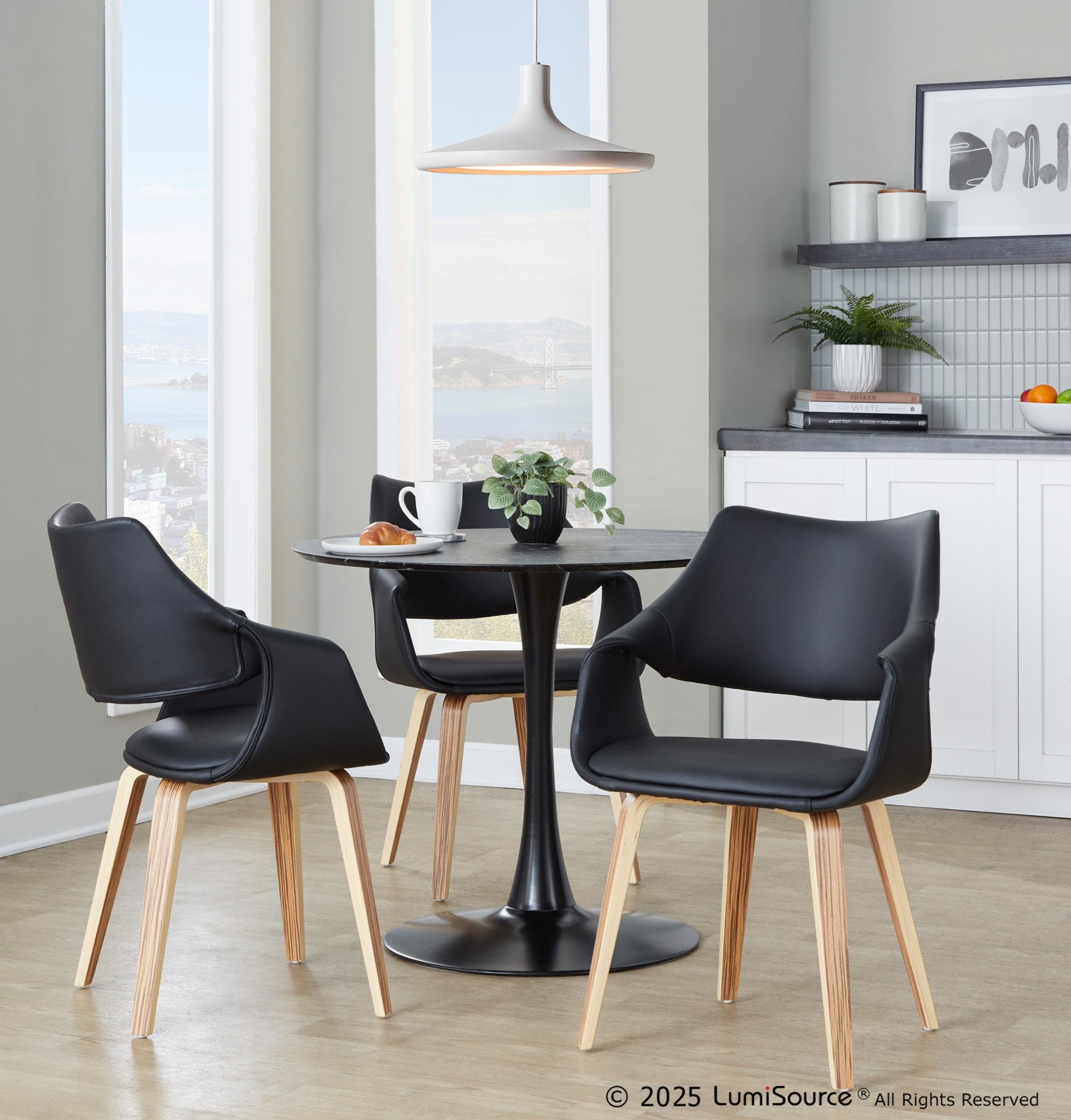 Curvo High Back Upholstered Chair - Set of 2 - Zebra Wood, Black PU
