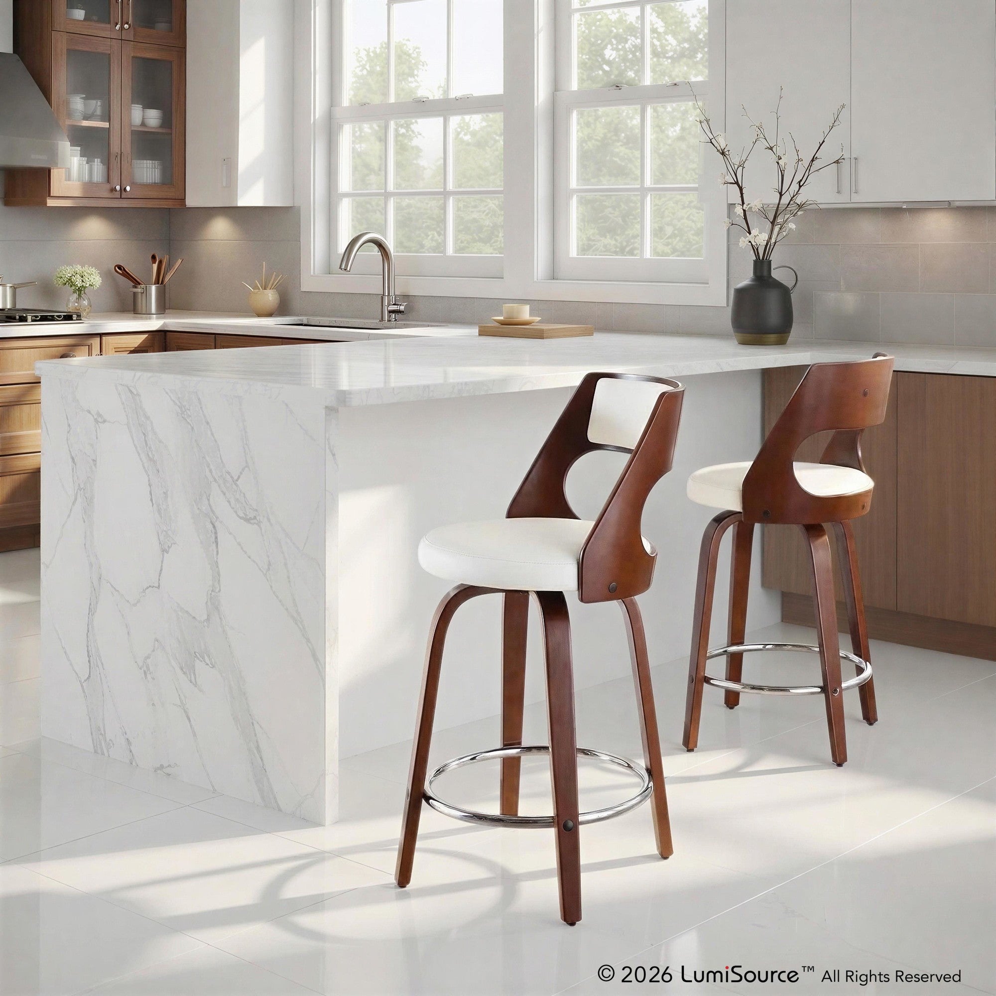 Cecina 24'' Fixed-Height Counter Stool - Set of 2 - Mahogany Wood, White PU, Chrome