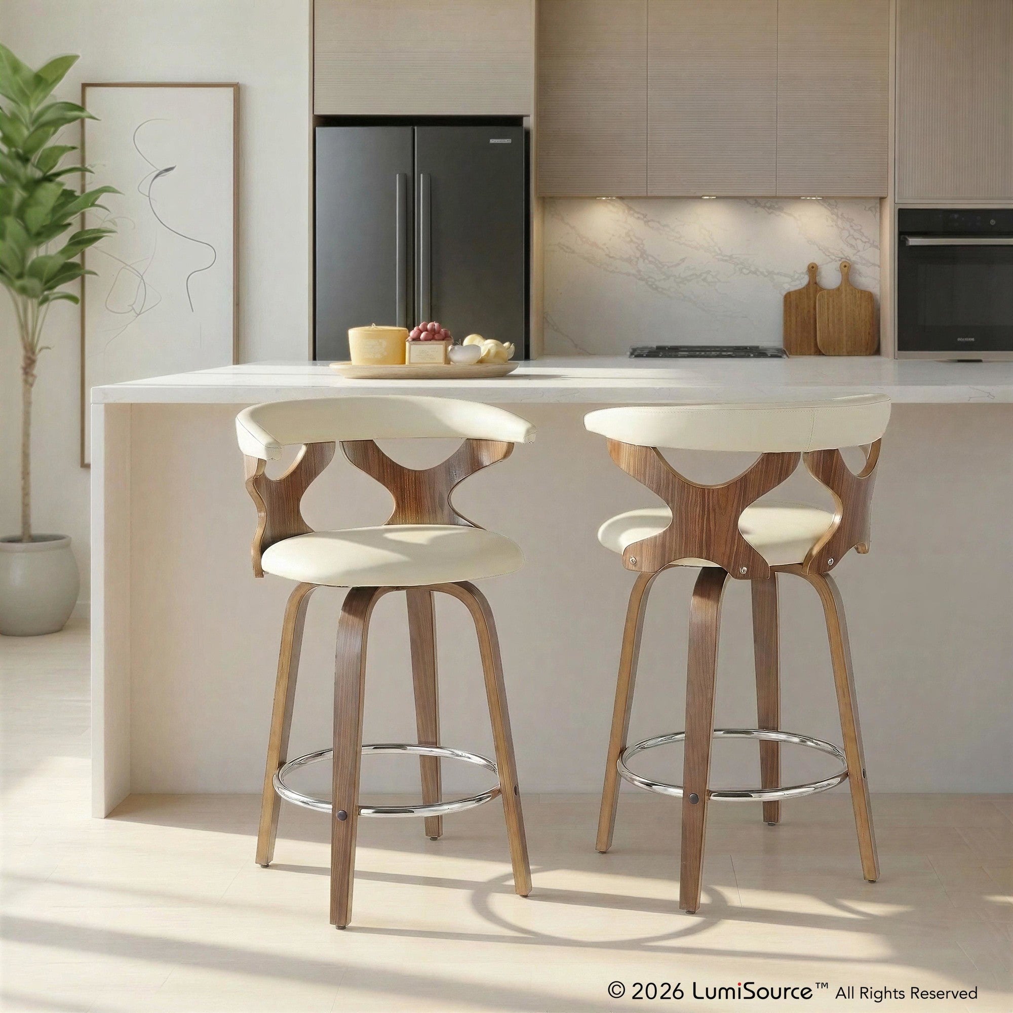 Gardenia 26" Fixed-Height Counter Stool - Set of 2 - Walnut Wood, Cream PU, Chrome