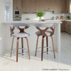 Gardenia 26" Fixed-Height Counter Stool - Set of 2 - Walnut Wood, Light Grey Fabric, Chrome