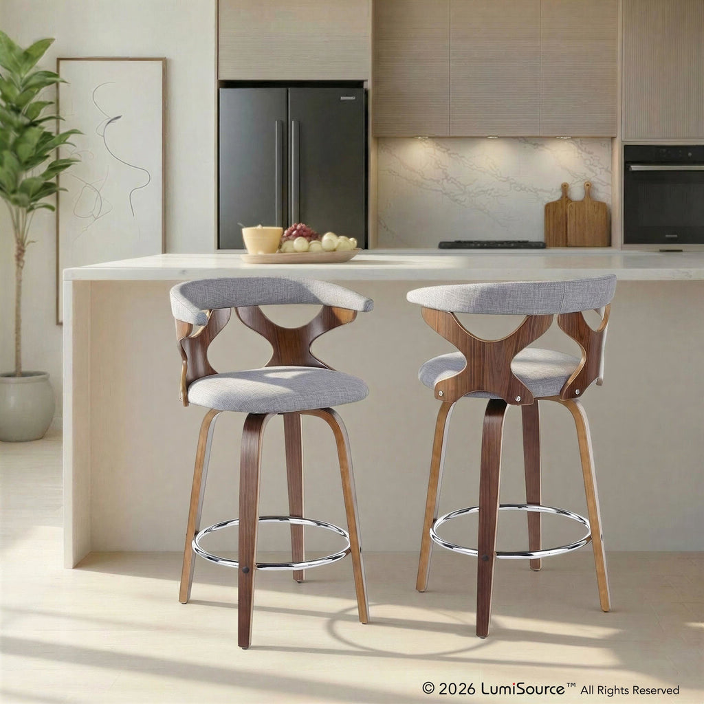Gardenia 26" Fixed-Height Counter Stool - Set of 2 - Walnut Wood, Light Grey Fabric, Chrome