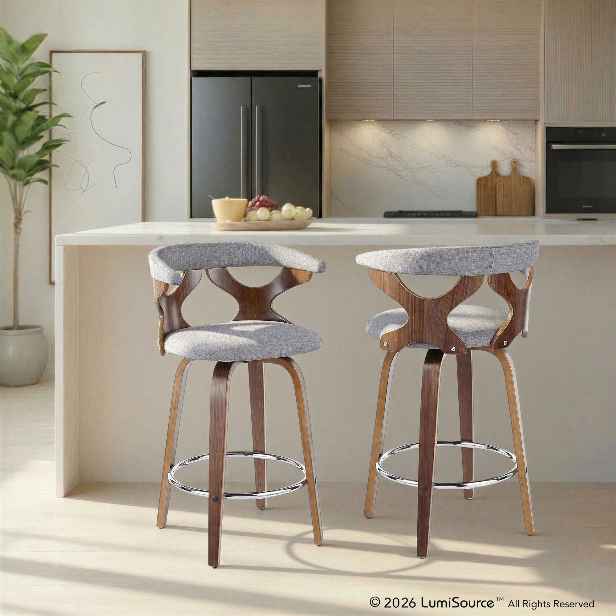 Gardenia 26" Fixed-Height Counter Stool - Set of 2 - Walnut Wood, Light Grey Fabric, Chrome