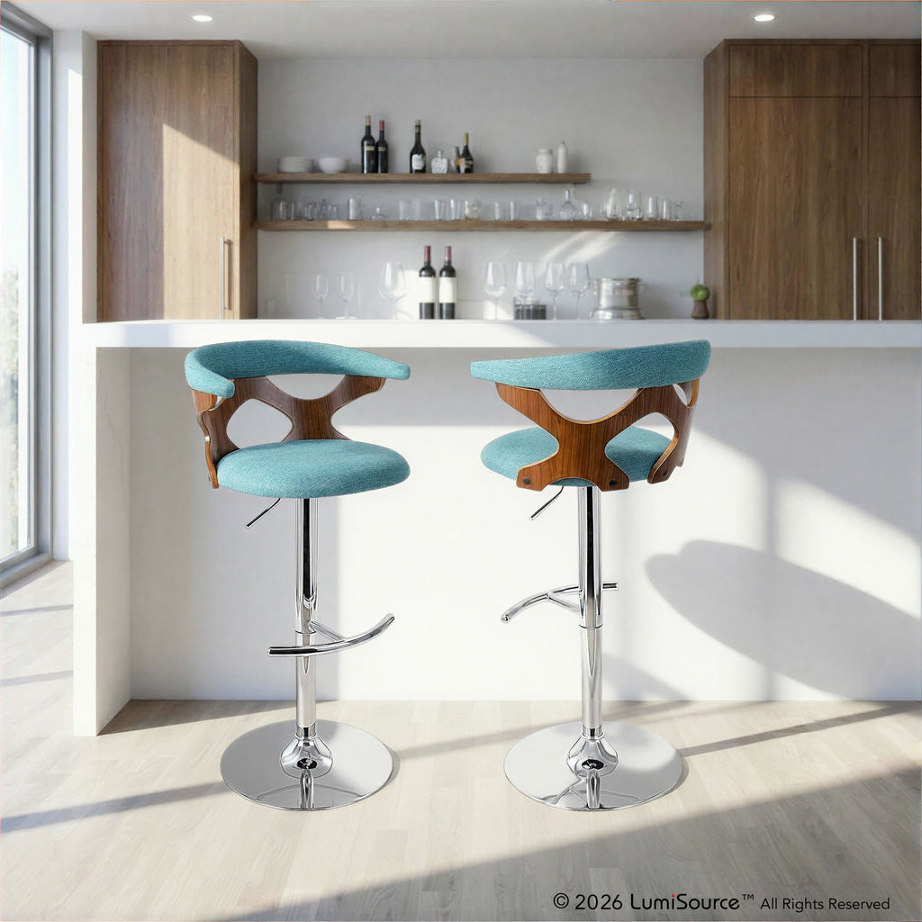 Gardenia Adjustable Barstool - Chrome Metal, Walnut Wood, Teal Fabric