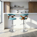 Gardenia Adjustable Barstool - Chrome Metal, Walnut Wood, Teal Fabric