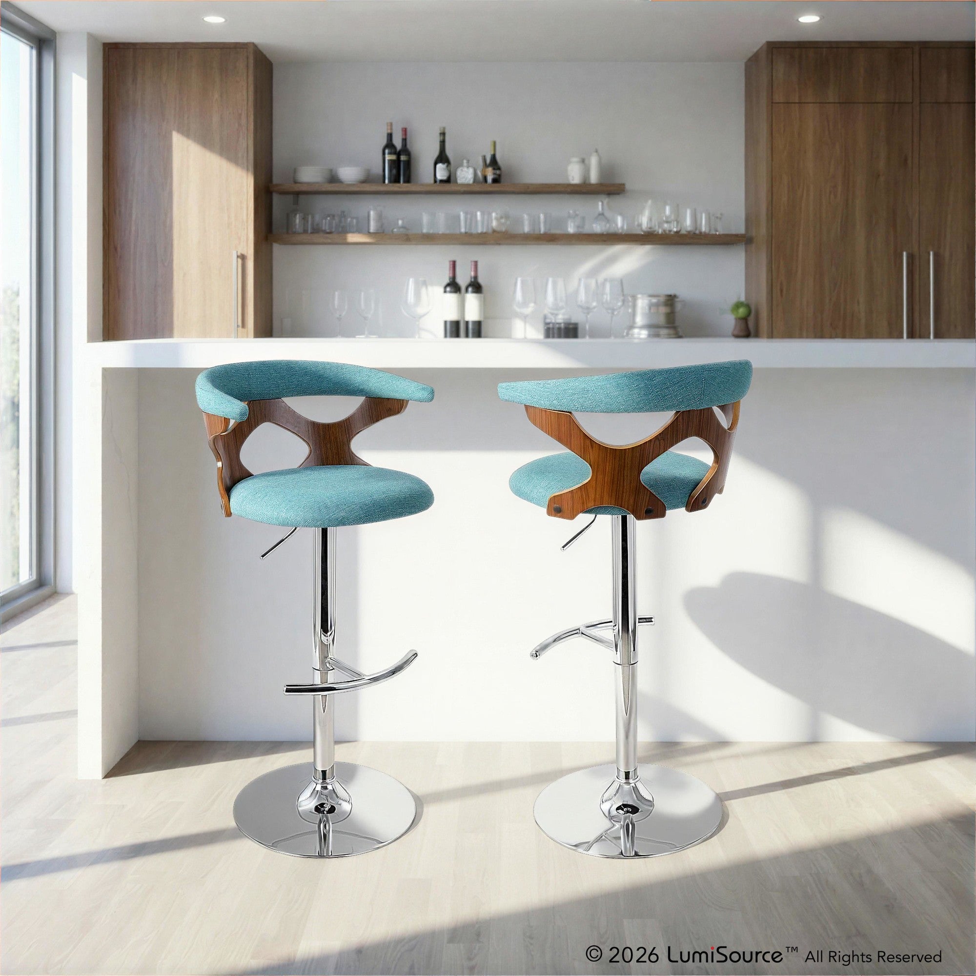 Gardenia Adjustable Barstool - Chrome Metal, Walnut Wood, Teal Fabric