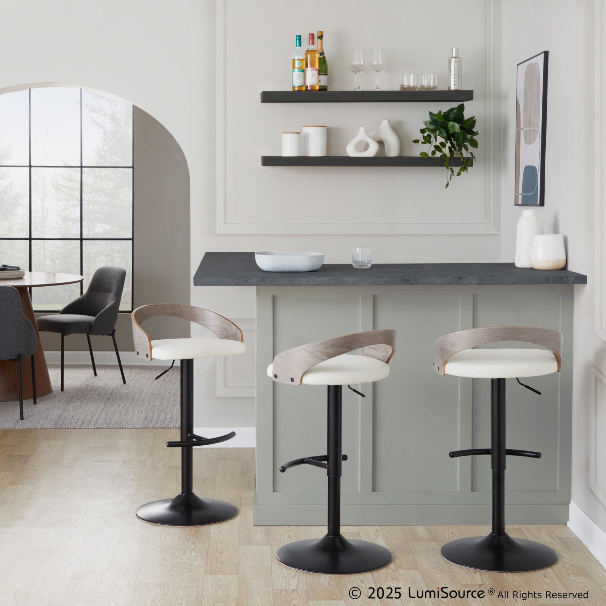 Grotto Adjustable Barstool - Set of 3 - Black Metal, Light Grey Wood, White PU