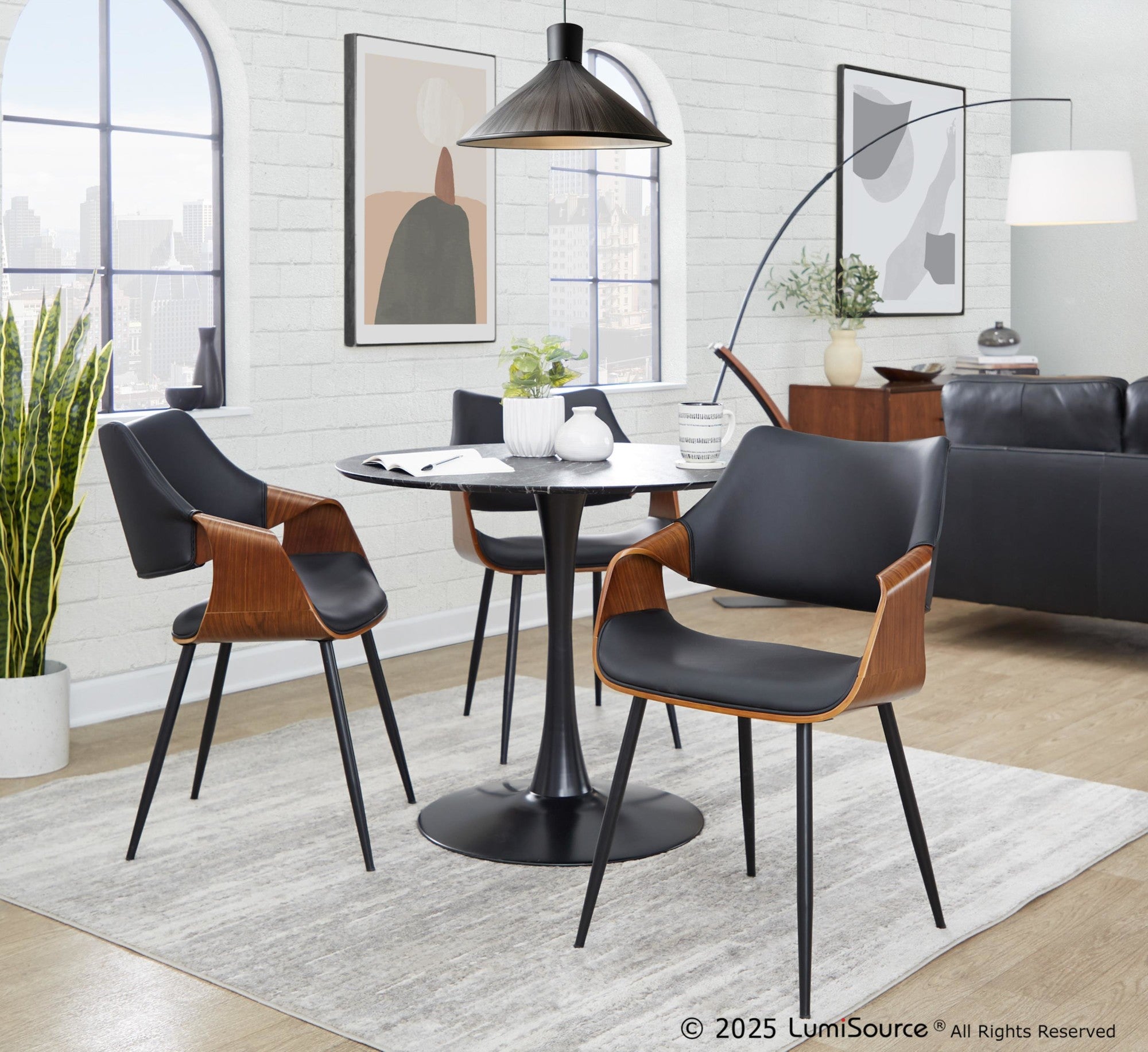Curvo High Back Chair - Set of 2 - Black Metal, Walnut Wood, Black PU