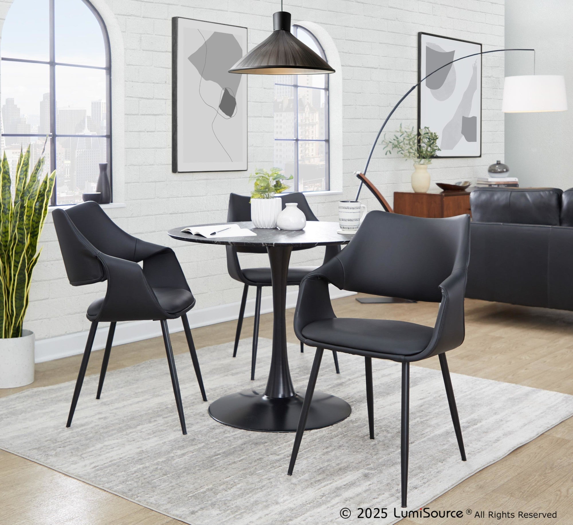 Curvo High Back Upholstered Chair - Set of 2 - Black Metal, Black PU