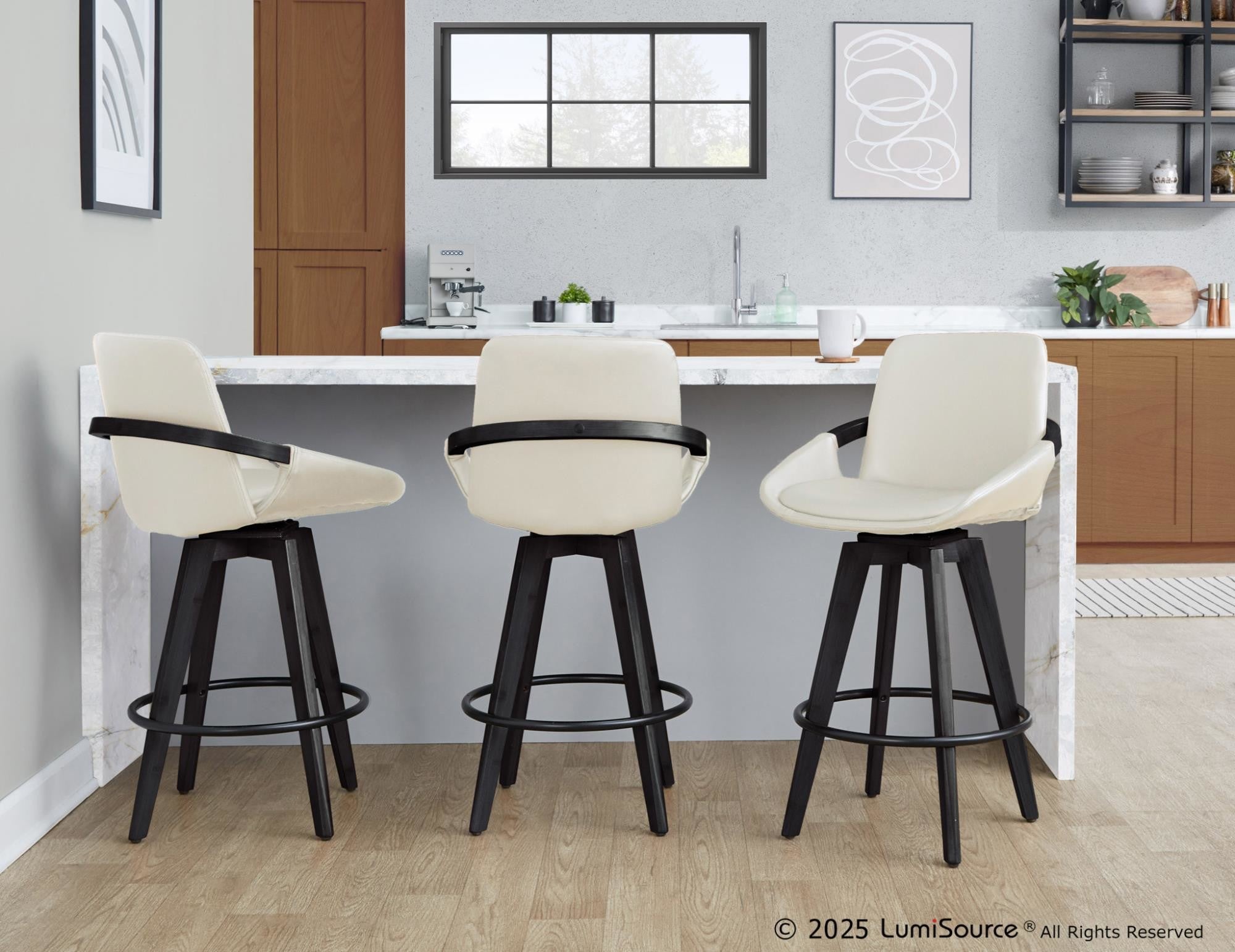 Cosmo 26" Fixed-Height Counter Stool - Set of 2 - Black Bamboo, Cream PU, Black Metal