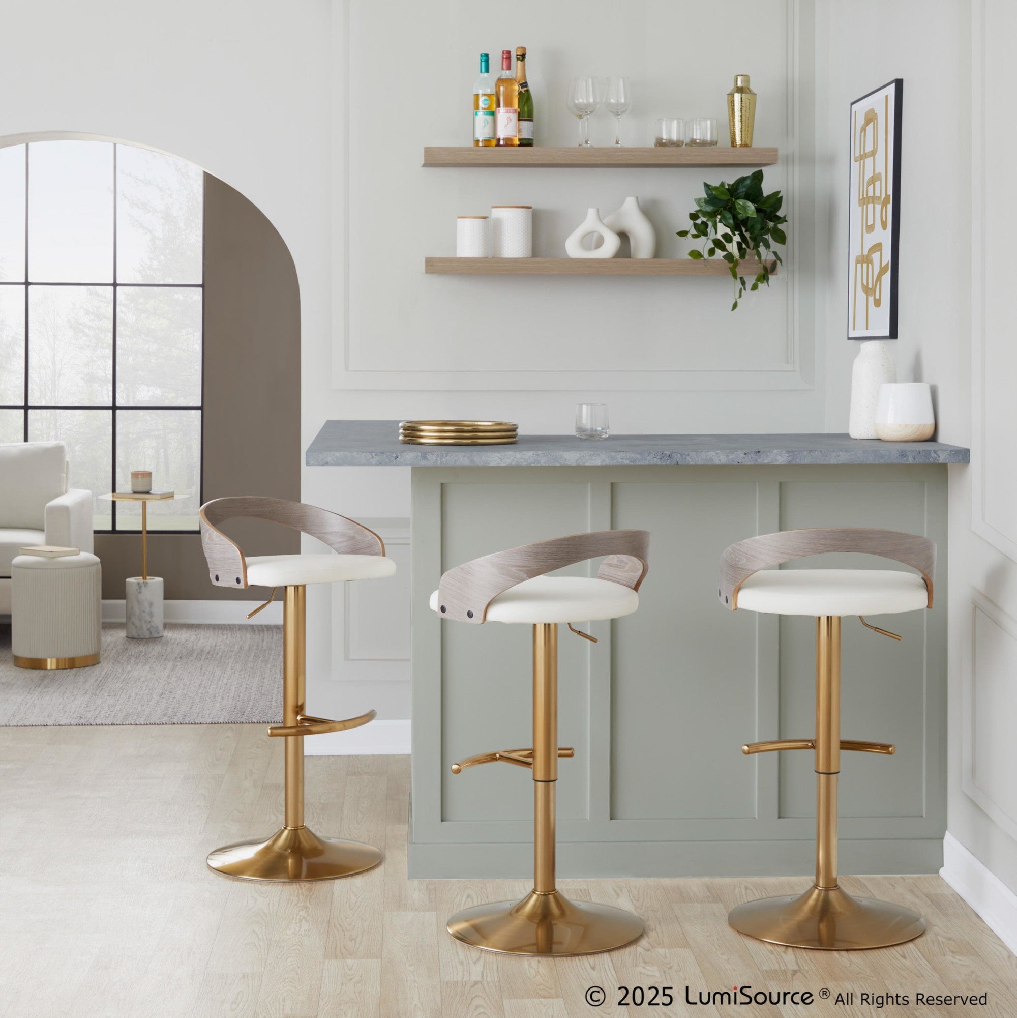 Grotto Adjustable Barstool - Set of 3 - Gold Metal, Light Grey Wood, White PU