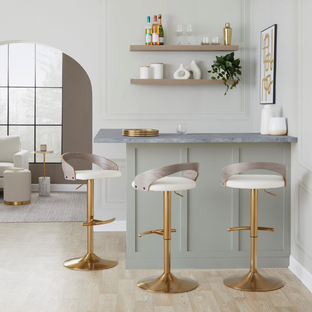 Grotto Adjustable Barstool - Gold Metal, Light Grey Wood, White PU