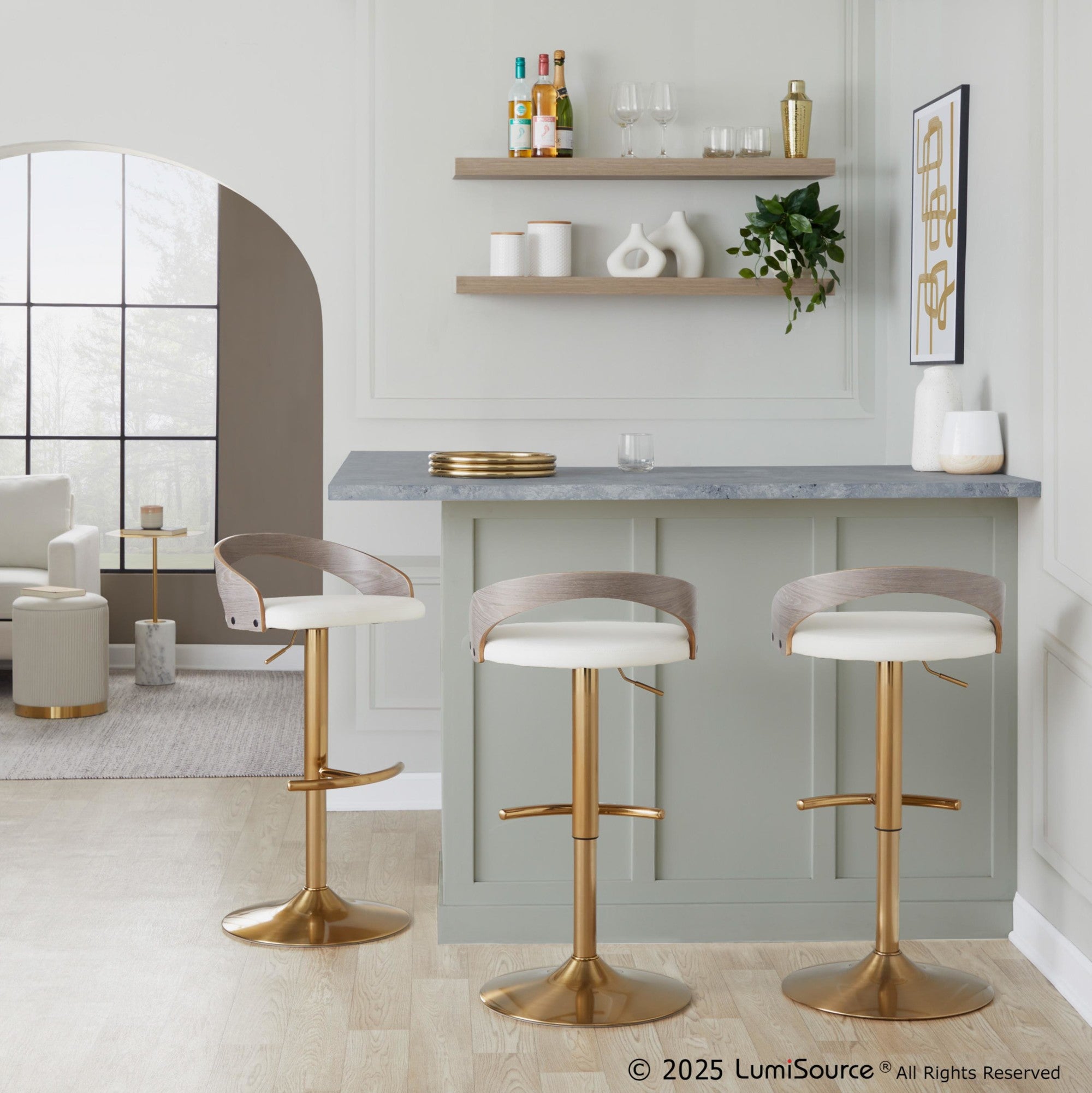 Grotto Adjustable Barstool - Set of 3 - Gold Metal, Light Grey Wood, White PU