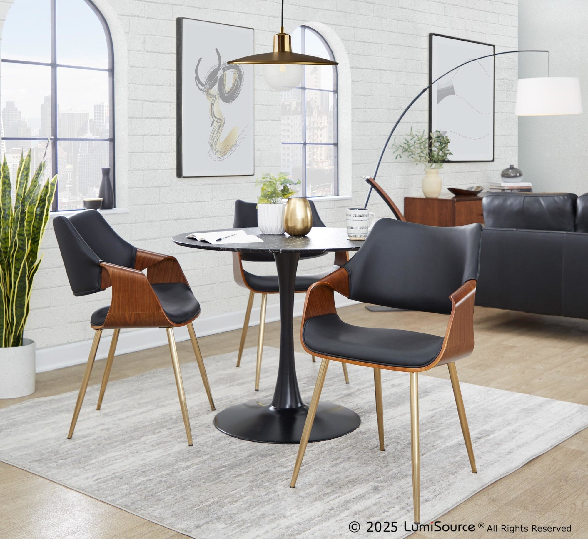 Curvo High Back Chair - Set of 2 - Gold Metal, Walnut Wood, Black PU