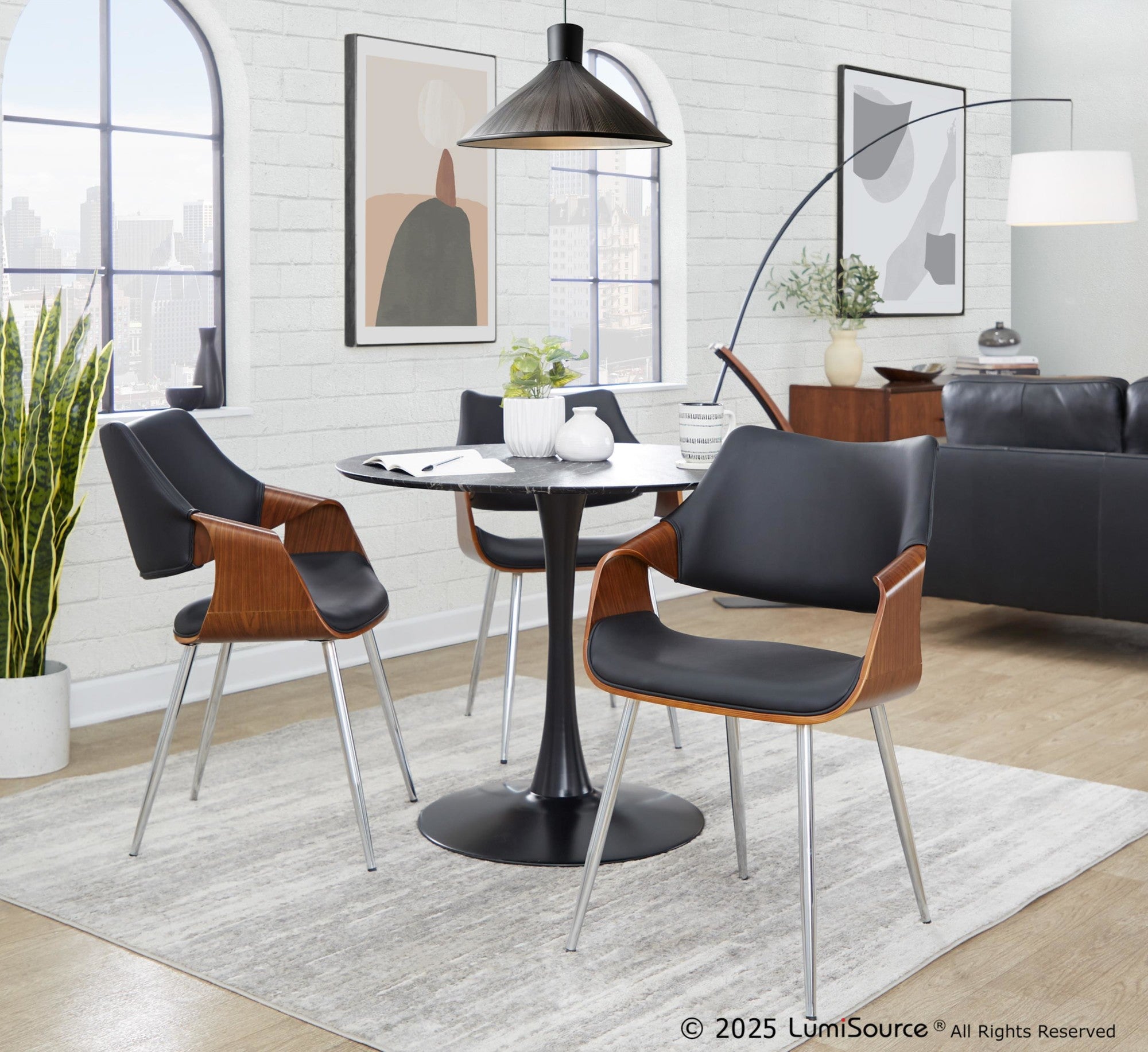 Curvo High Back Chair - Set of 2 - Chrome Metal, Walnut Wood, Black PU
