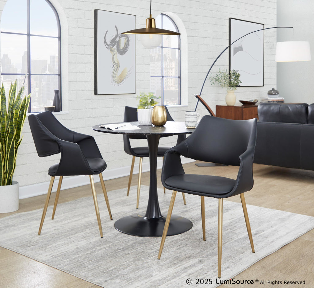 Curvo High Back Upholstered Chair - Set of 2 - Gold Metal, Black PU