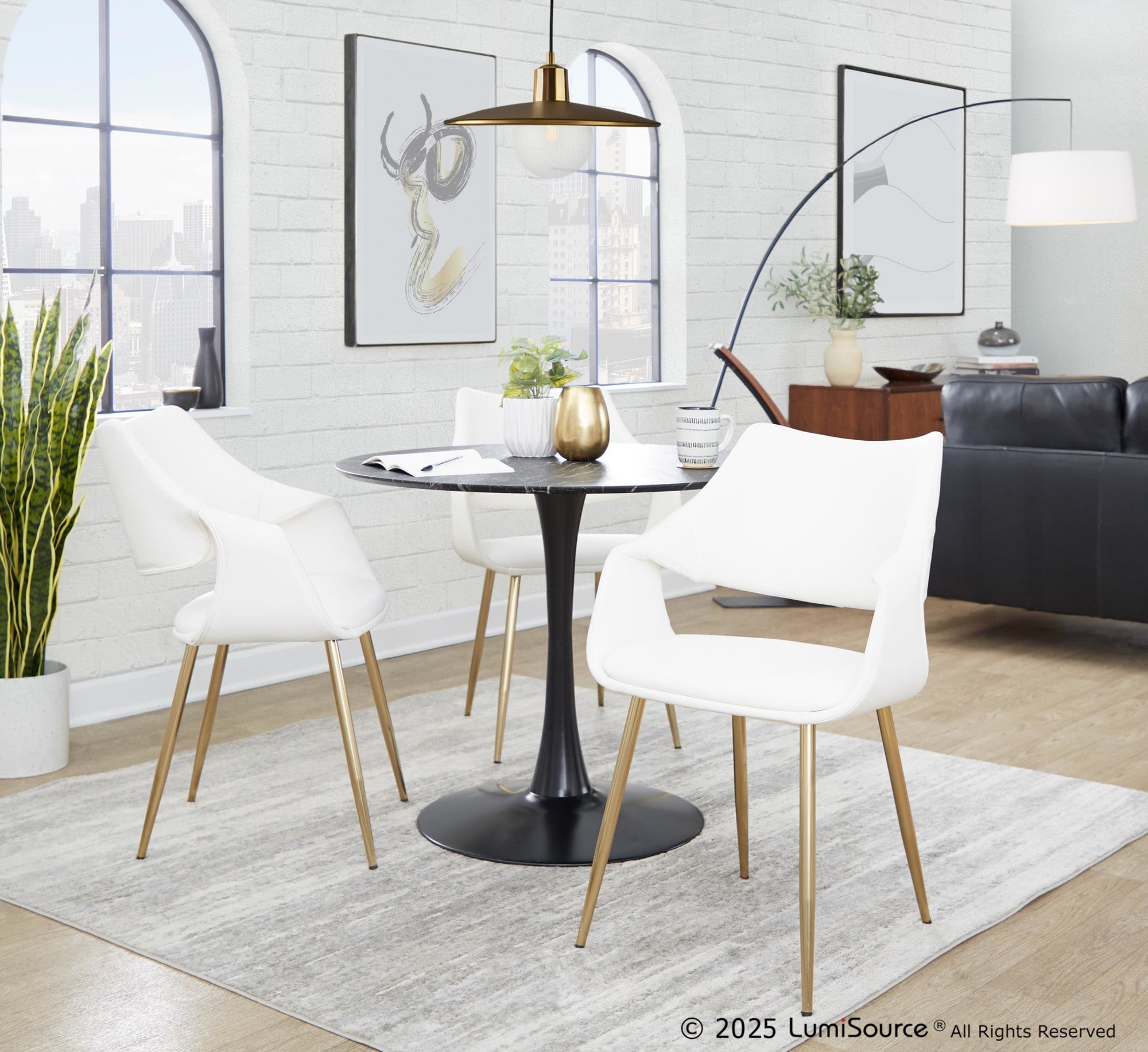 Curvo High Back Upholstered Chair - Set of 2 - Gold Metal, White PU