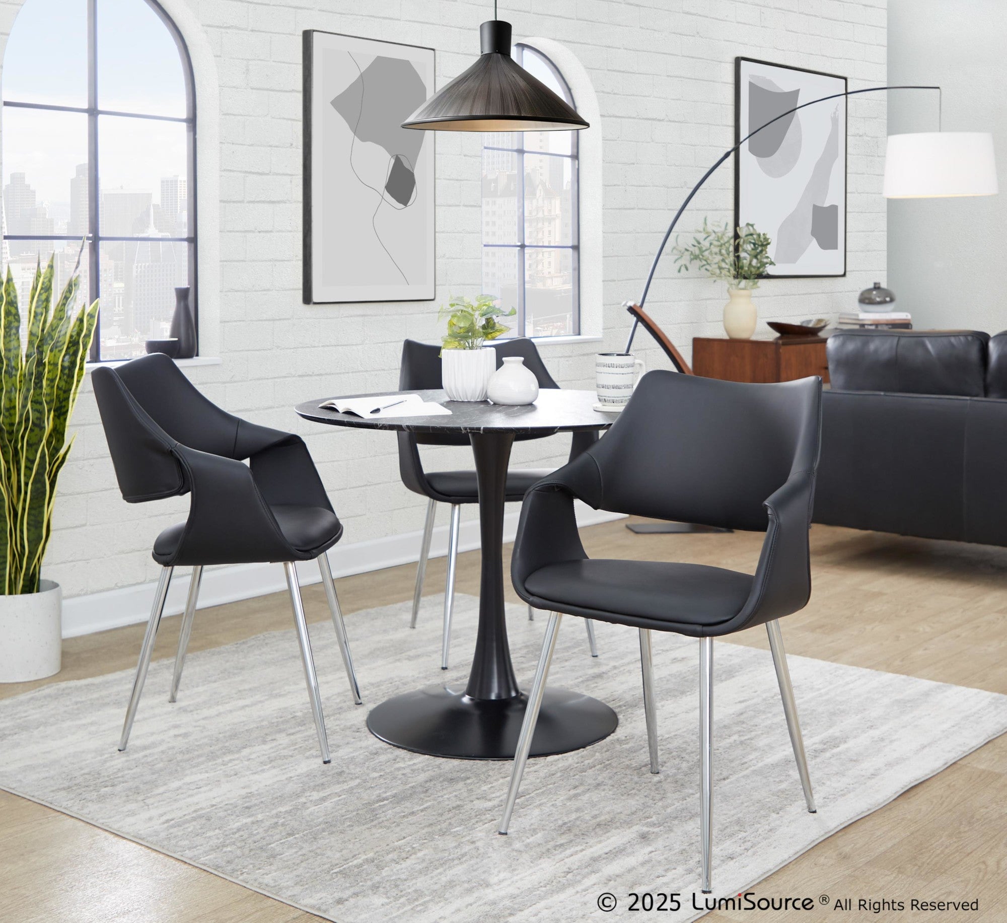 Curvo High Back Upholstered Chair - Set of 2 - Chrome Metal, Black PU