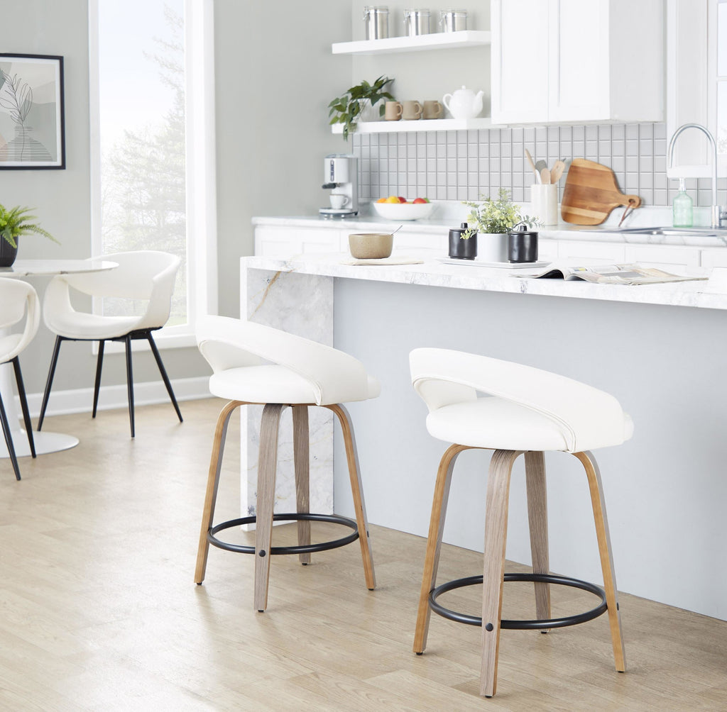 Grotto Upholstered 24" Fixed-Height Counter Stool - Set of 2 - Light Grey Wood, White PU, Black Metal