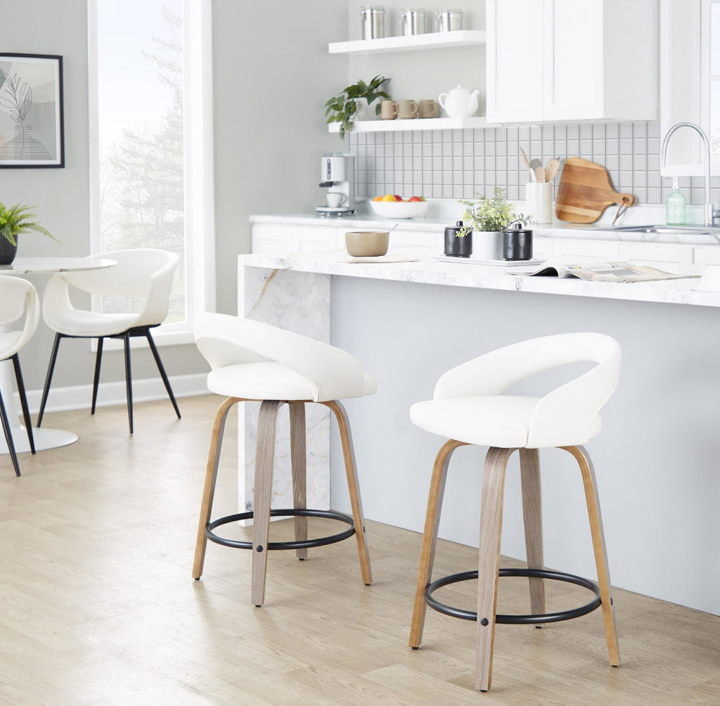 Grotto Upholstered 24" Fixed-Height Counter Stool - Set of 2 - Light Grey Wood, White PU, Black Metal