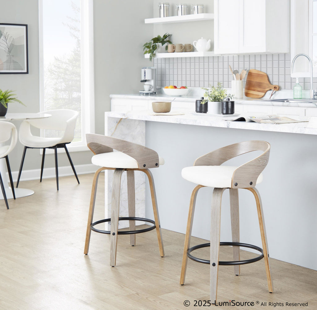 Grotto 26" Fixed-Height Counter Stool - Set of 2 - Light Grey Wood, White PU, Black Metal