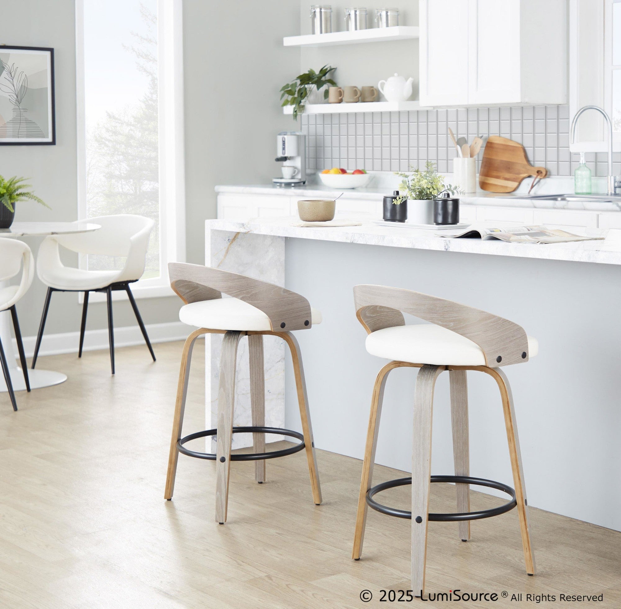 Grotto 26" Fixed-Height Counter Stool - Set of 2 - Light Grey Wood, White PU, Black Metal
