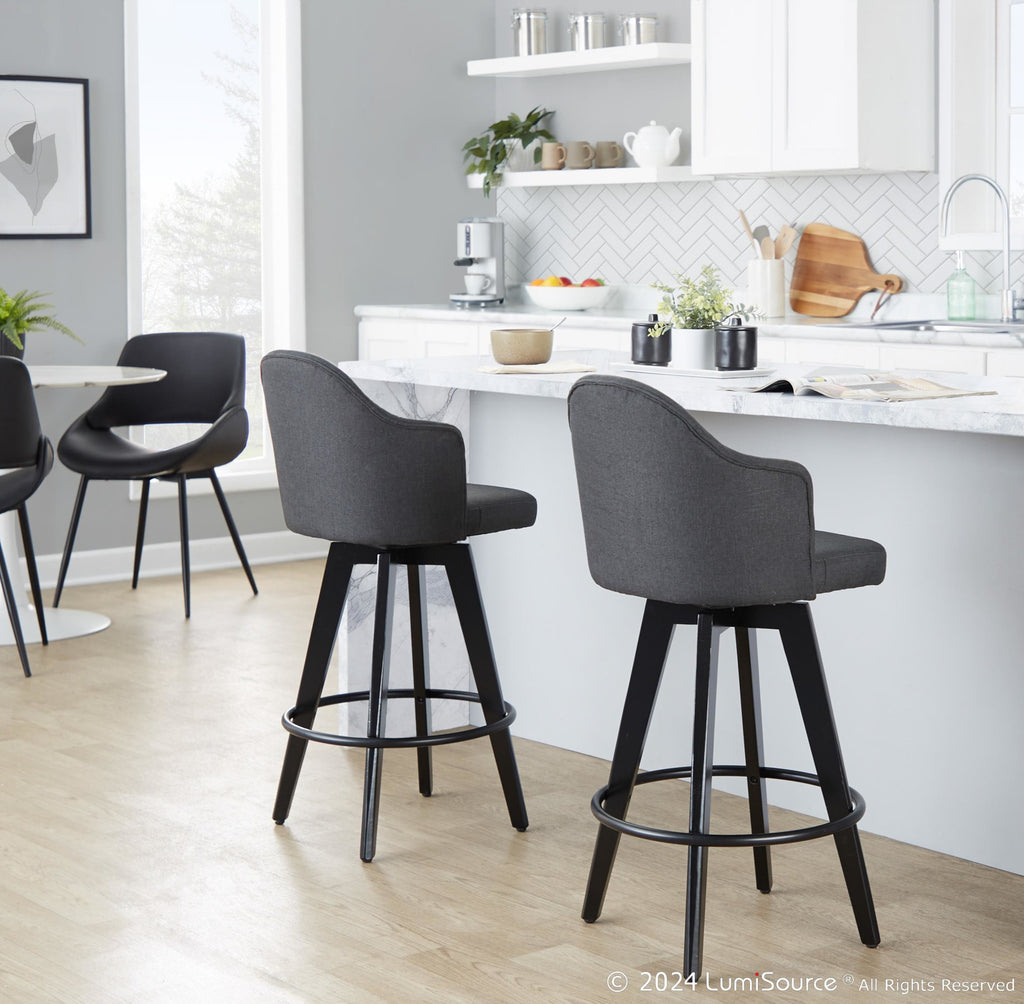 Ahoy 26" Fixed-Height Counter Stool - Set of 2 - Black Bamboo, Charcoal Fabric, Black Metal