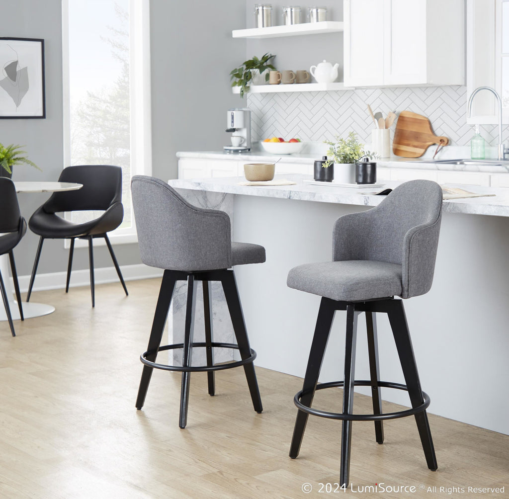 Ahoy 26" Fixed-Height Counter Stool - Set of 2 - Black Bamboo, Grey Fabric, Black Metal
