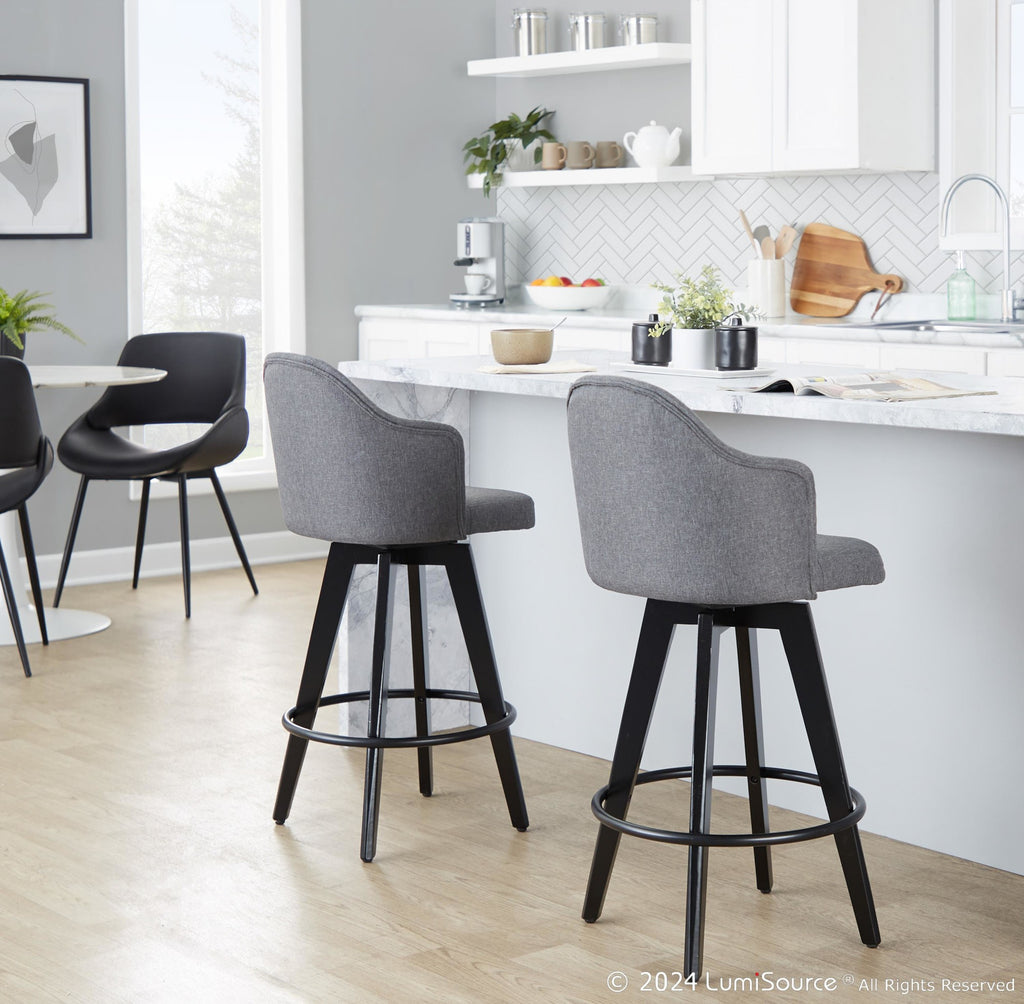 Ahoy 26" Fixed-Height Counter Stool - Set of 2 - Black Bamboo, Grey Fabric, Black Metal