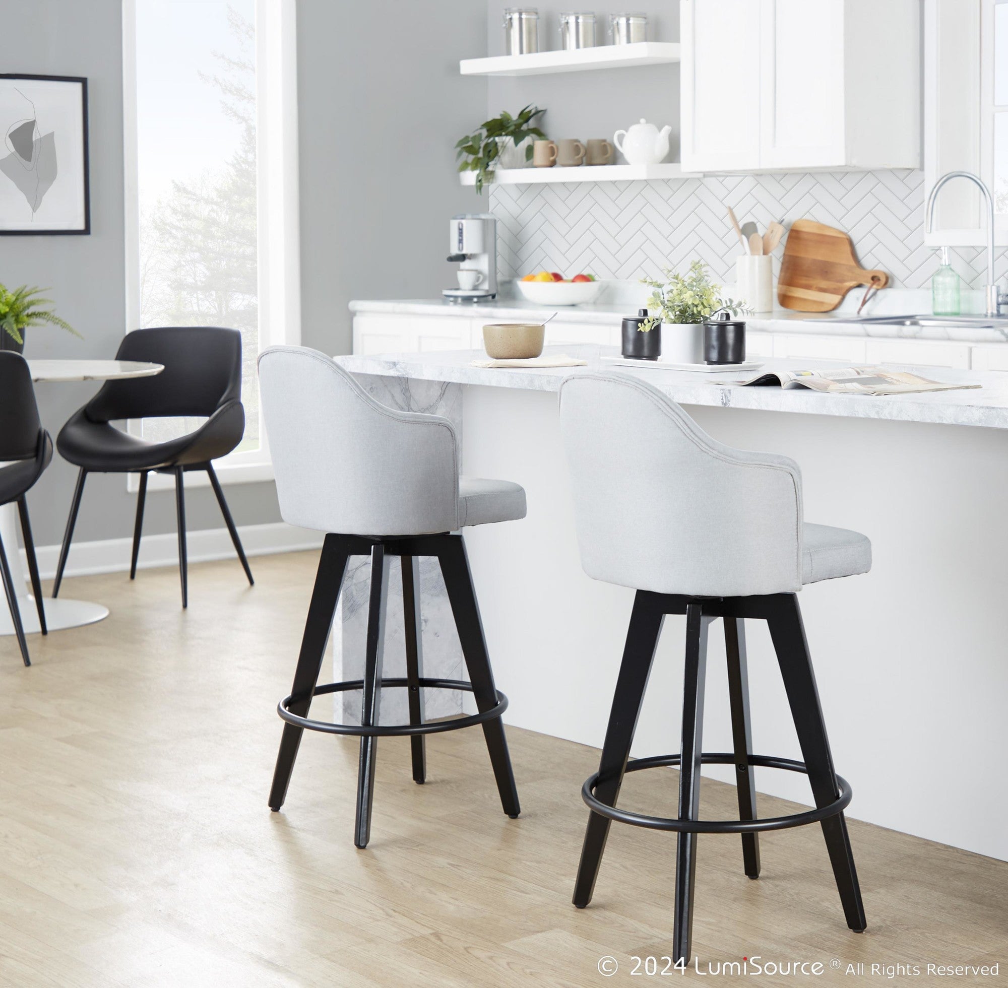 Ahoy 26" Fixed-Height Counter Stool - Set of 2 - Black Bamboo, Light Grey Fabric, Black Metal