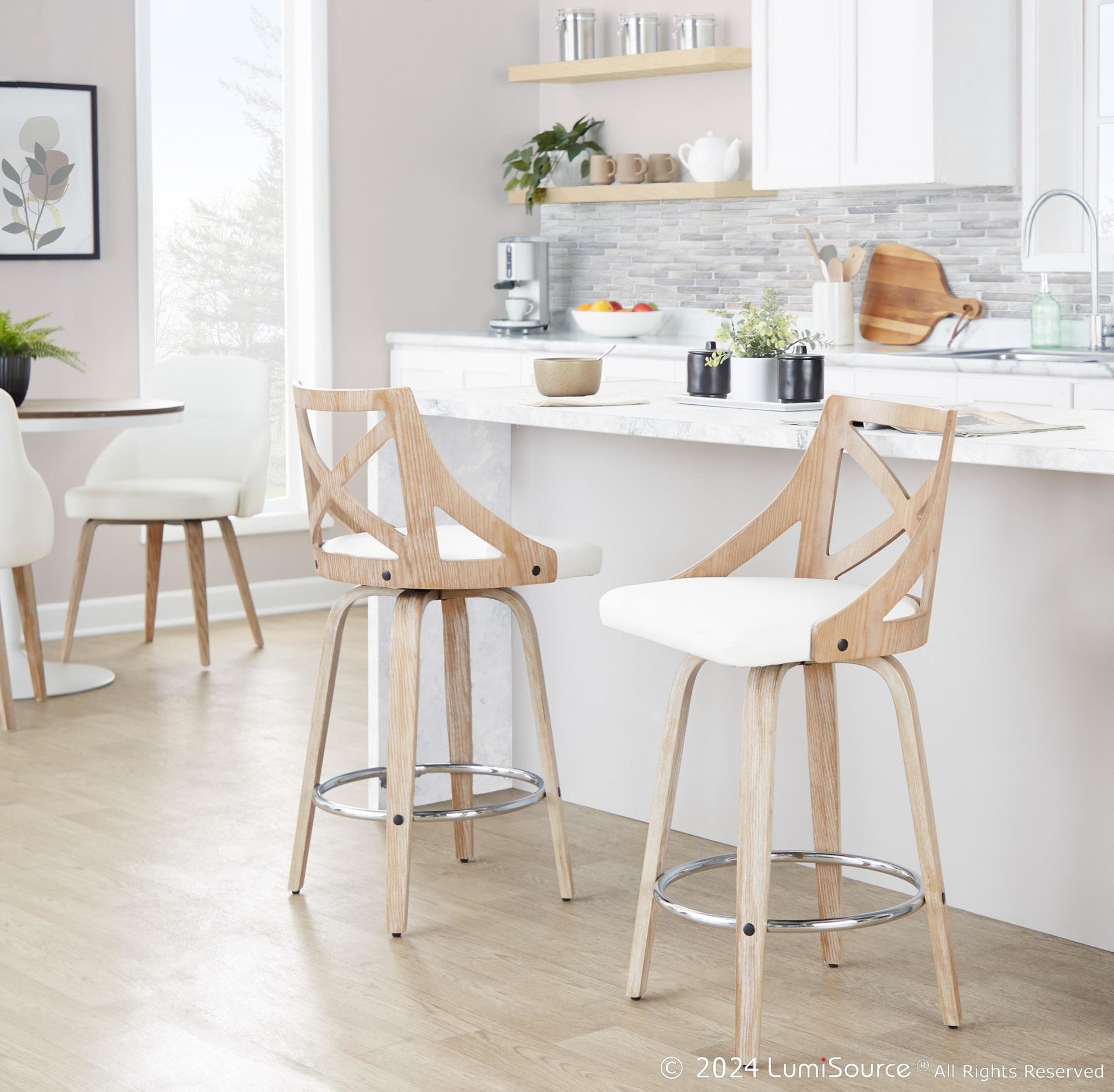 Charlotte 26" Fixed-Height Counter Stool - Set of 2 - Whitewashed Wood, White PU, Chrome Metal