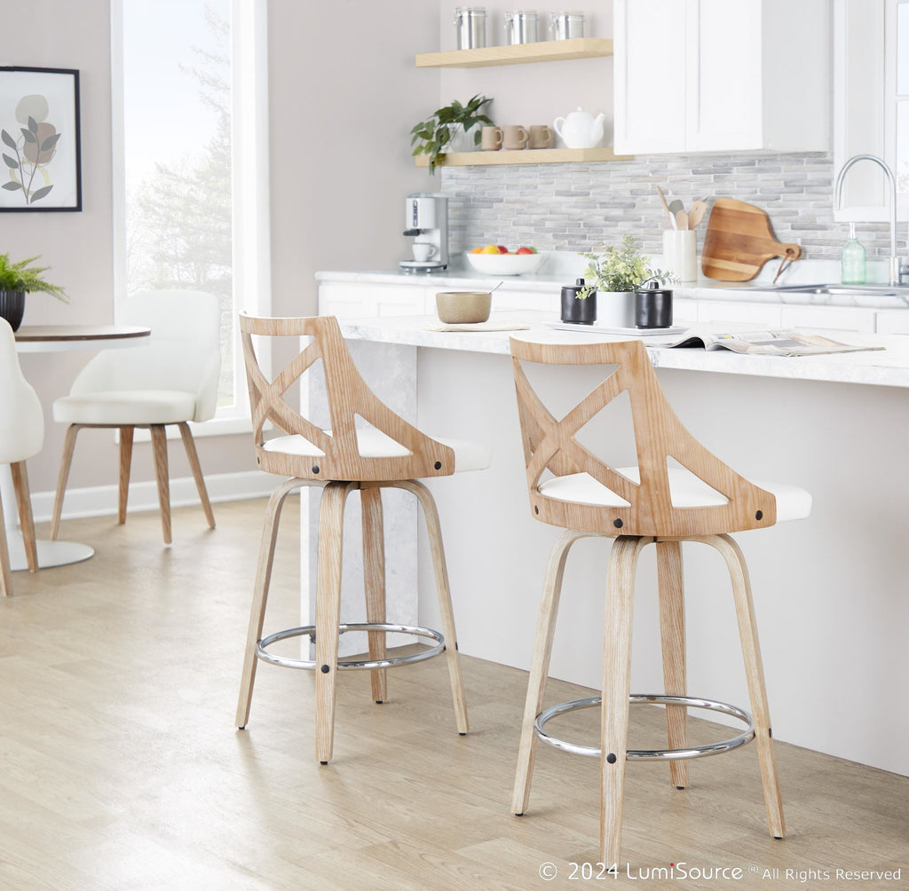 Charlotte 26" Fixed-Height Counter Stool - Set of 2 - Whitewashed Wood, White PU, Chrome Metal