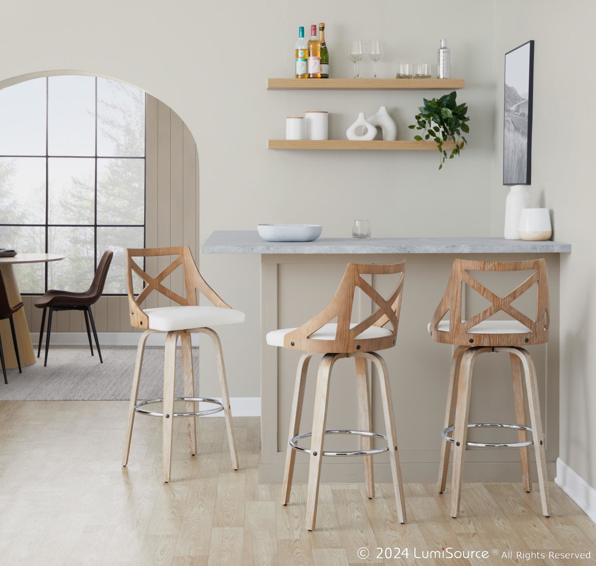 Charlotte 30" Fixed-Height Barstool - Set of 2 - Whitewashed Wood, White PU, Chrome Metal