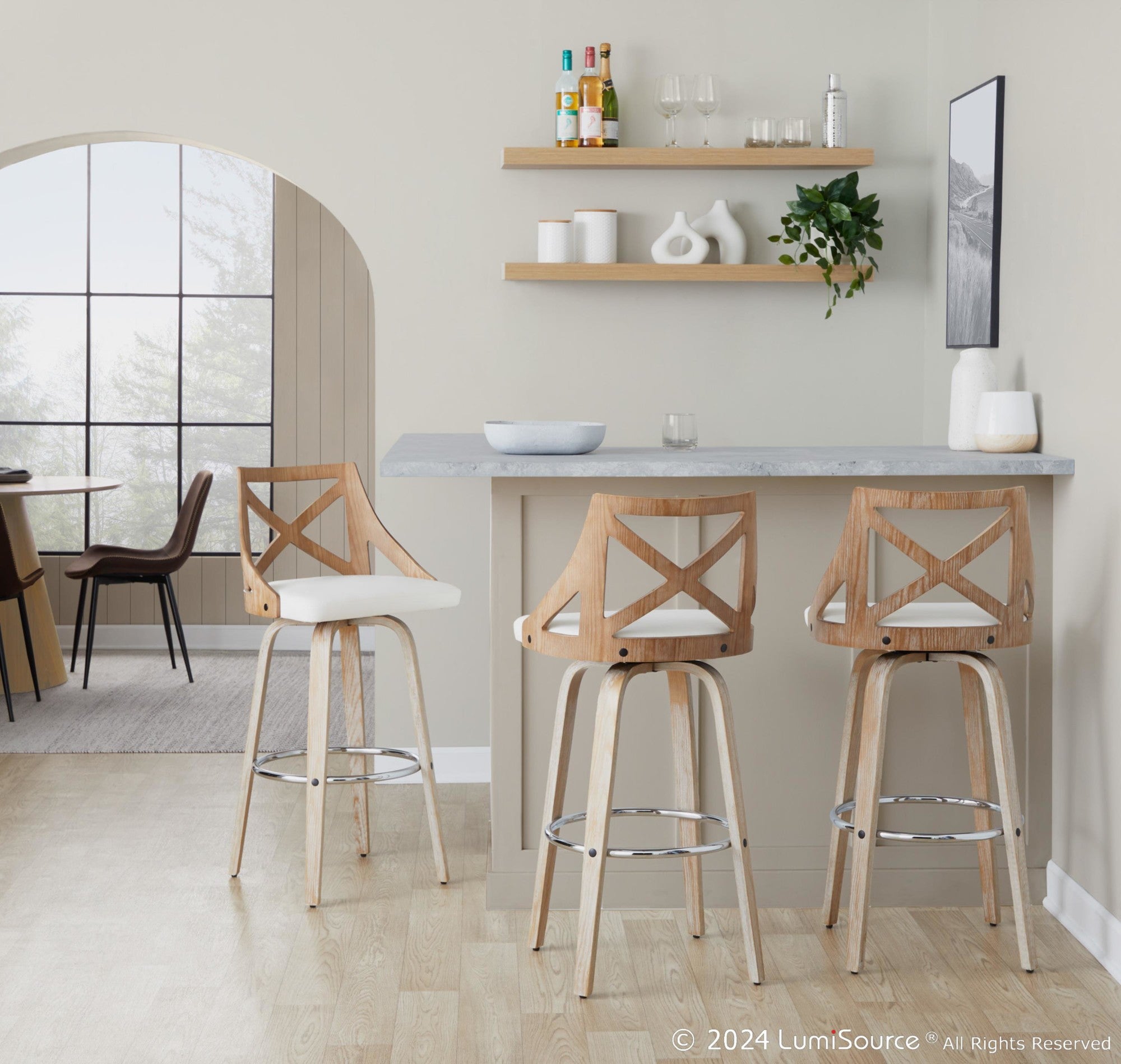 Charlotte 30" Fixed-Height Barstool - Set of 2 - Whitewashed Wood, White PU, Chrome Metal