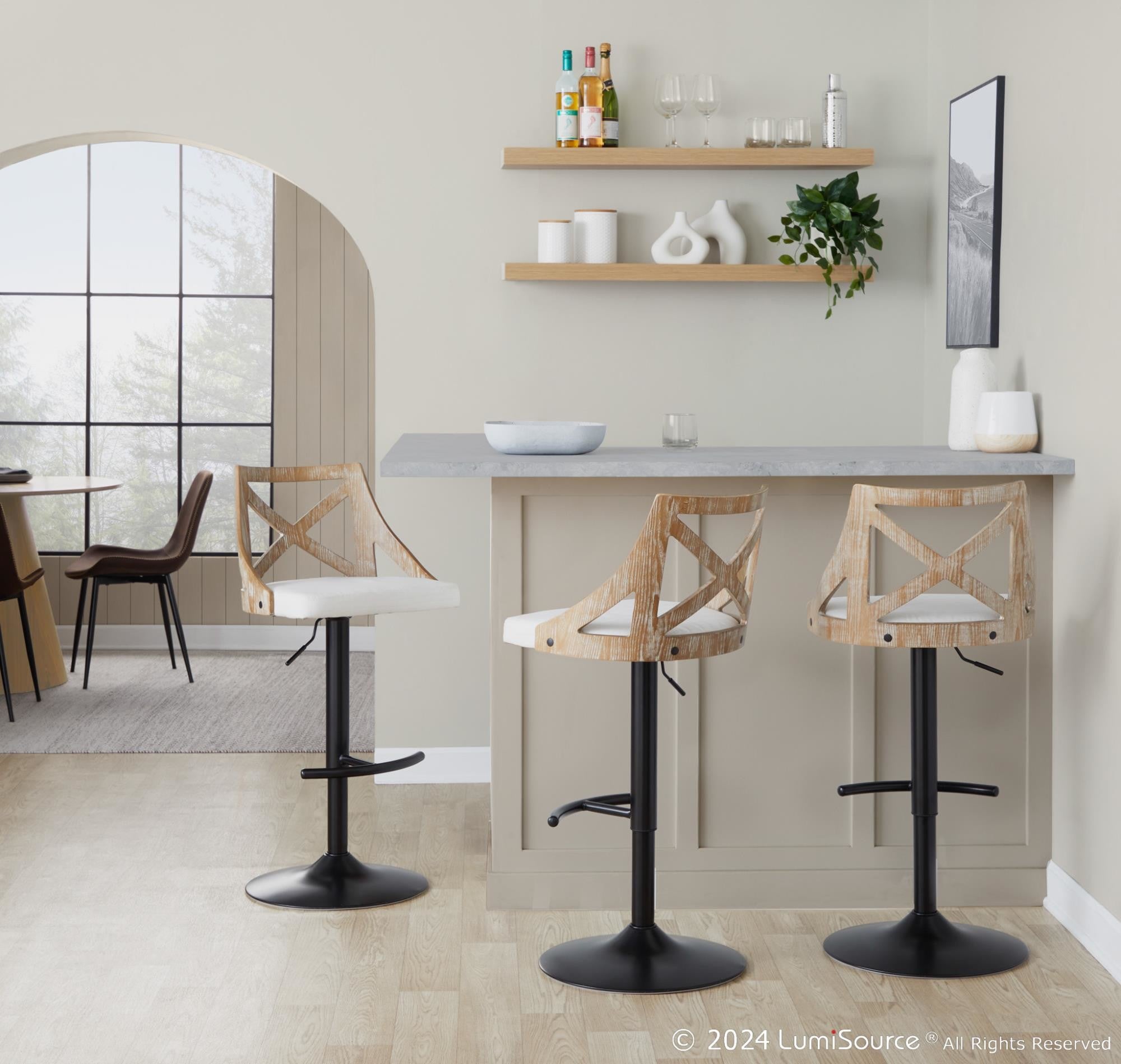 Charlotte Adjustable Barstool - Set of 2 - Black Metal, Whitewashed Wood, Cream Fabric