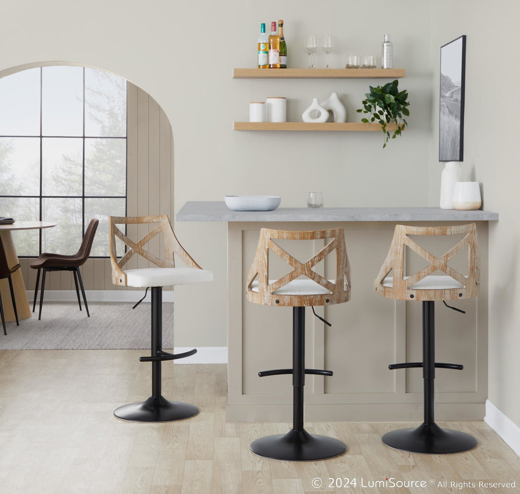 Charlotte Adjustable Barstool - Set of 2 - Black Metal, Whitewashed Wood, Cream Fabric