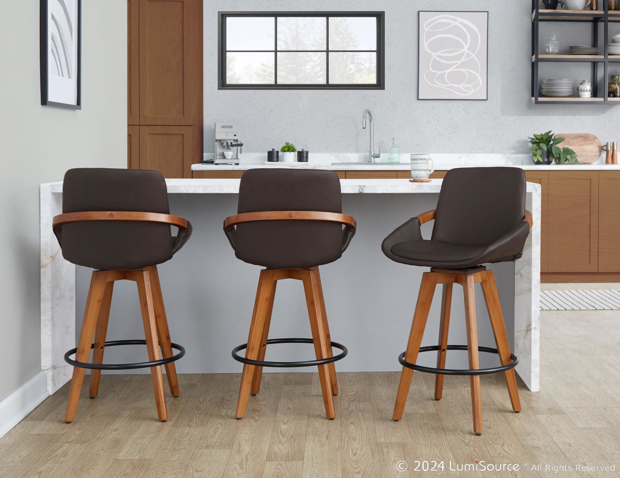 Cosmo 26" Fixed-Height Counter Stool - Walnut Bamboo, Brown PU, Black Metal