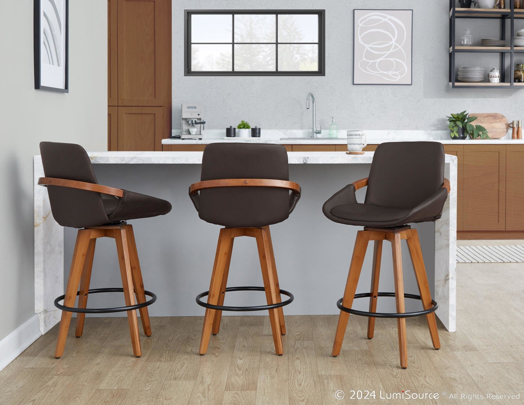 Cosmo 26" Fixed-Height Counter Stool - Walnut Bamboo, Brown PU, Black Metal