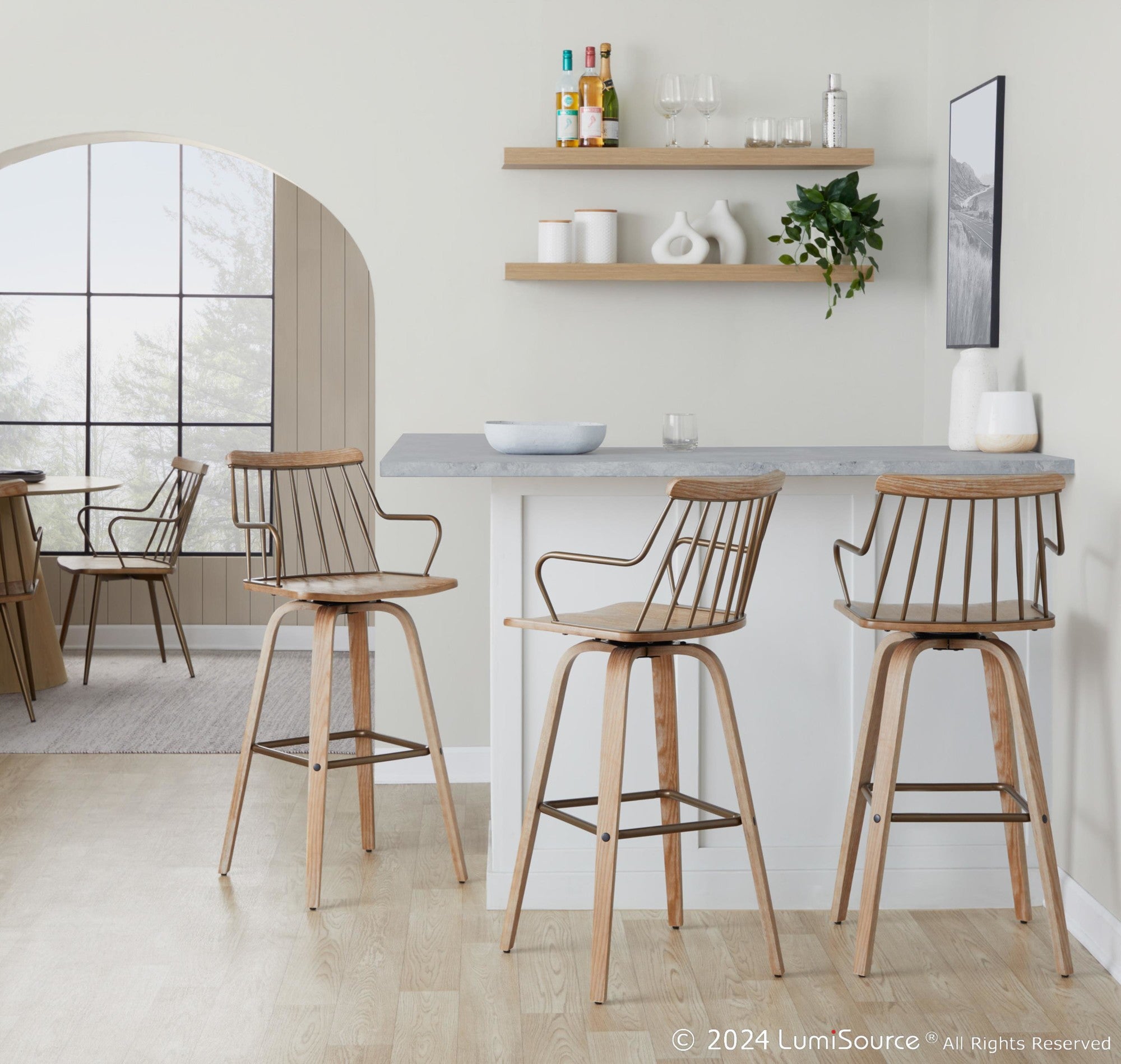 Preston 30" Fixed-Height Barstool - Whitewashed Wood, Antique Copper Metal