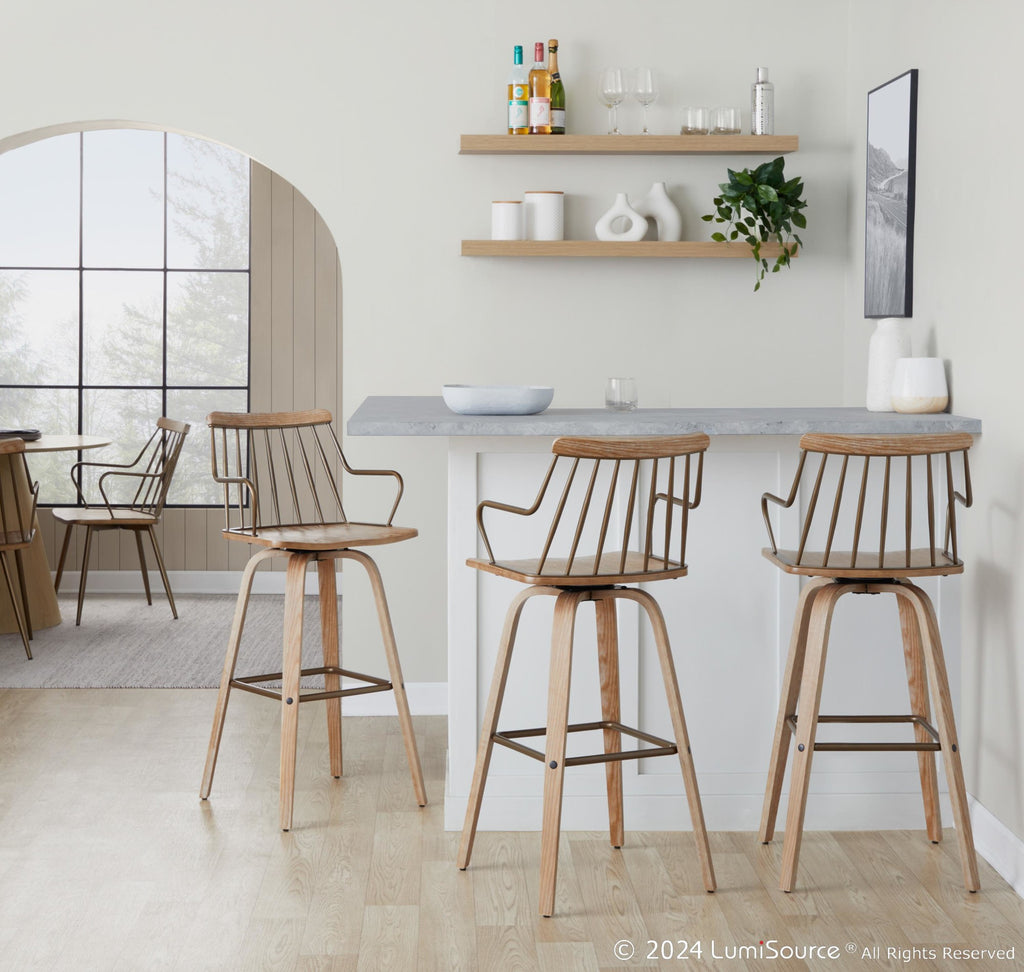Preston 30" Fixed-Height Barstool - Whitewashed Wood, Antique Copper Metal