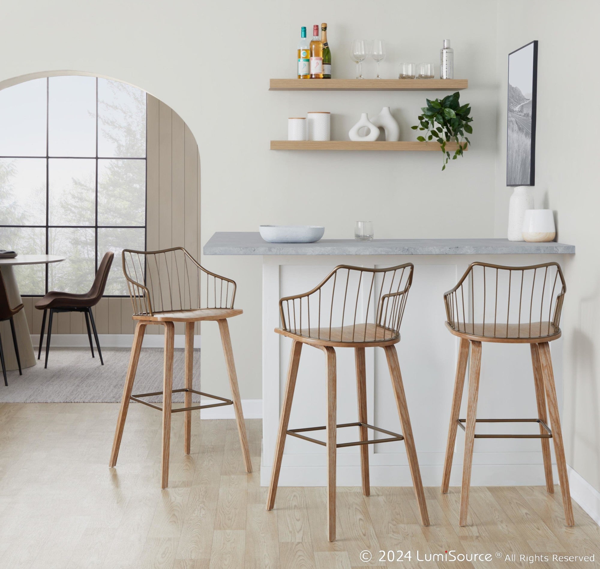 Winston 30" Fixed-Height Barstool - Whitewashed Wood, Antique Copper Metal
