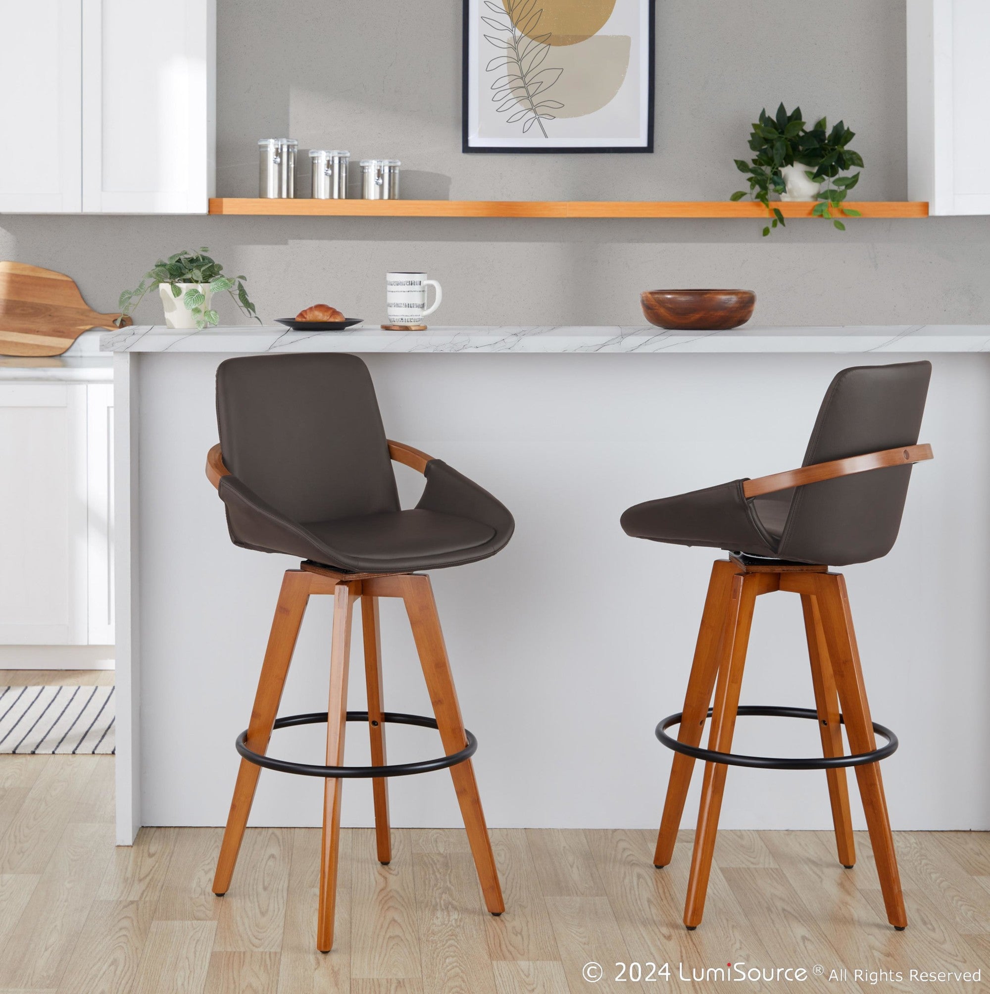 Cosmo 29" Fixed-Height Barstool - Walnut Bamboo, Brown PU, Black Metal