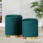 Marla Nesting Pleated Ottoman Set - Gold Metal, Peacock Teal Velvet