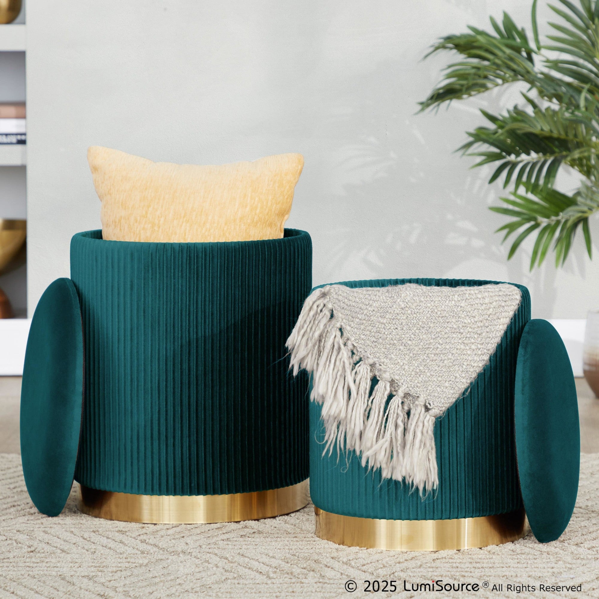 Marla Nesting Pleated Ottoman Set - Gold Metal, Peacock Teal Velvet