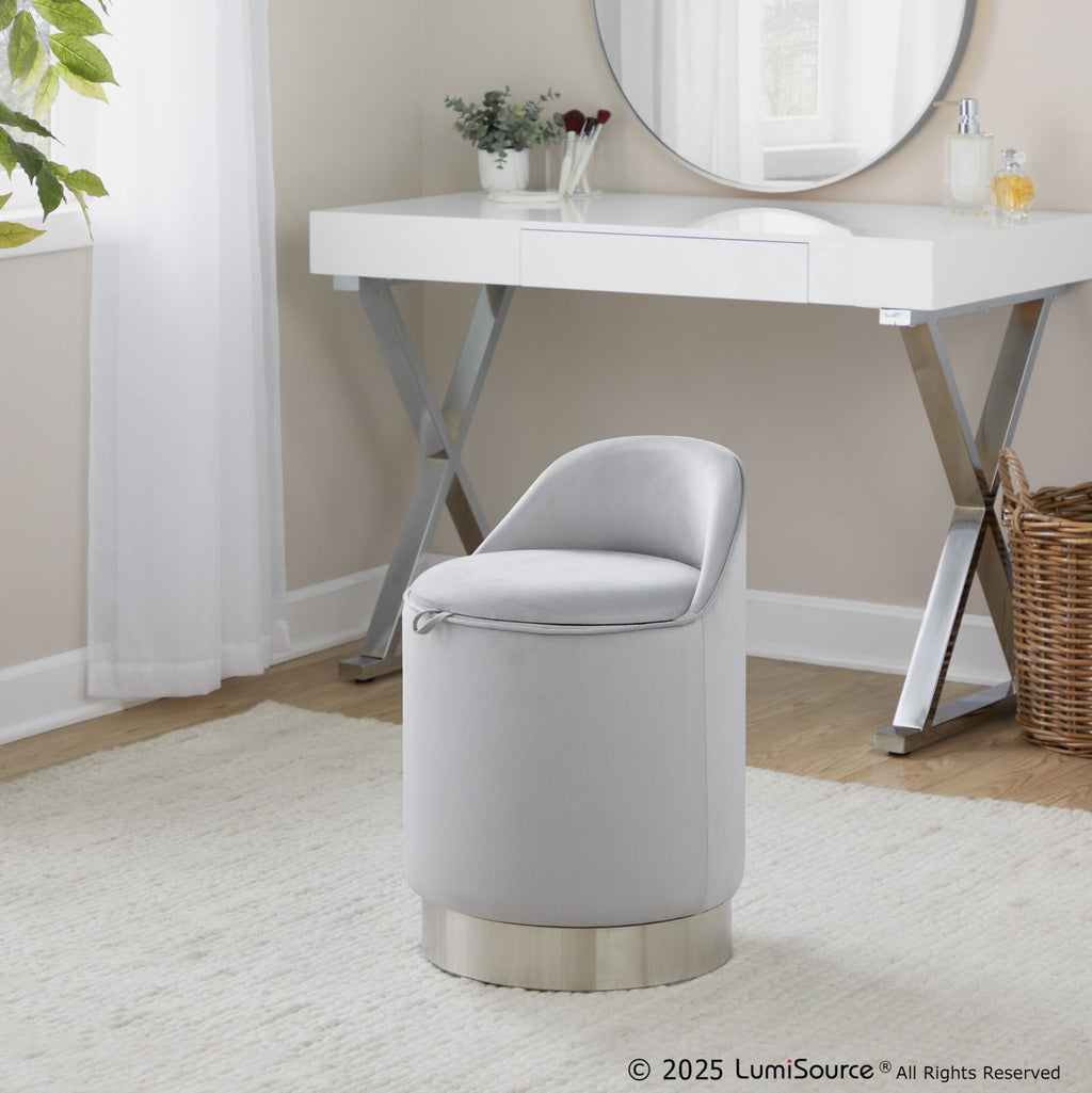 Marla 18" Vanity Stool - Chrome Metal, Silver Velvet