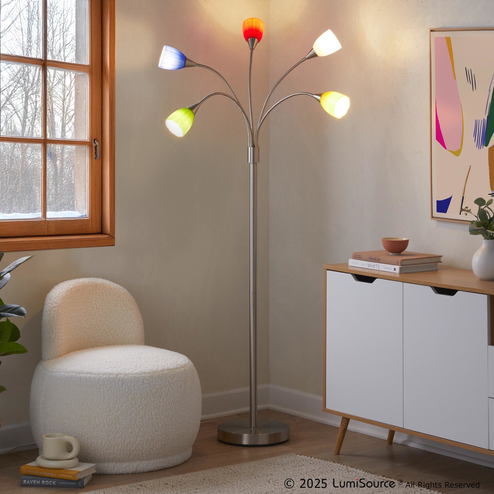 Medusa®  71" Metal Floor Lamp 5 Arm - Brushed Nickel Finish, Multi-colored Glass